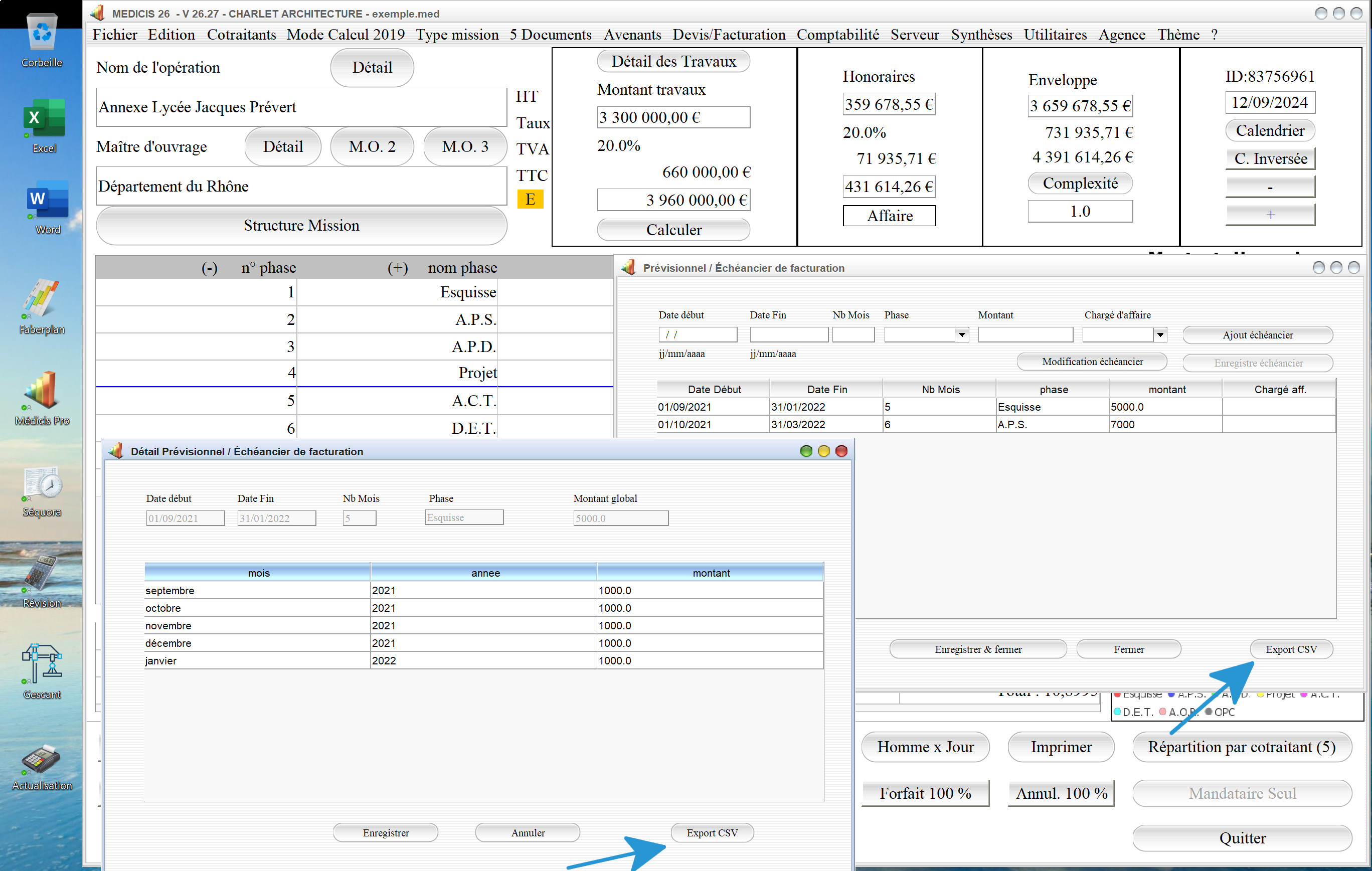 nouveaux exports Excel des prévisionnels du logiciel de proposition d'honoraires Architecte Médicis Mac et PC v26.27