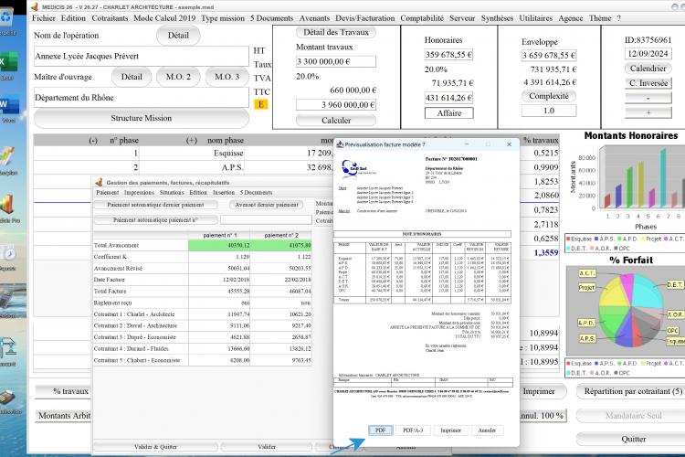 numérotation automatique du PDF du modèle 7 de facture du logiciel de facturation d'honoraires Architecte Médicis Mac et PC v26.27
