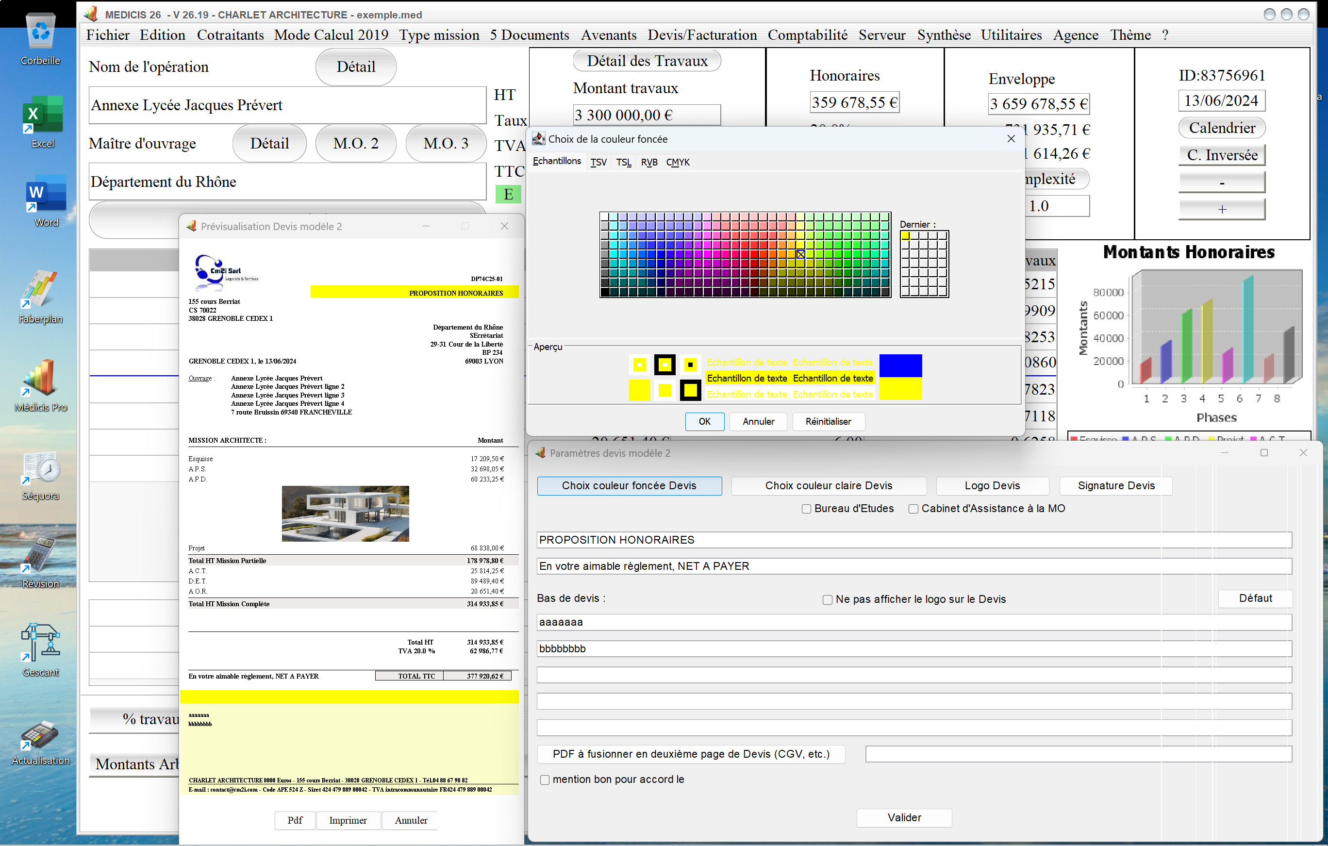amélioration du modèle 2 de devis du logiciel de gestion d'honoraires Architecte Médicis Mac et PC v26.19