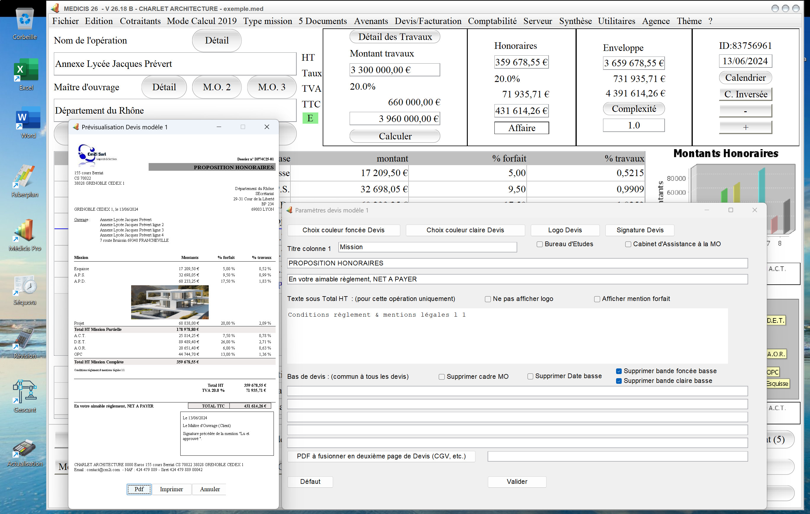 nouvelle possibilité insertion photo sur le modèle 1 de devis du logiciel de gestion d'honoraires Architecte Médicis Mac et PC v26.18