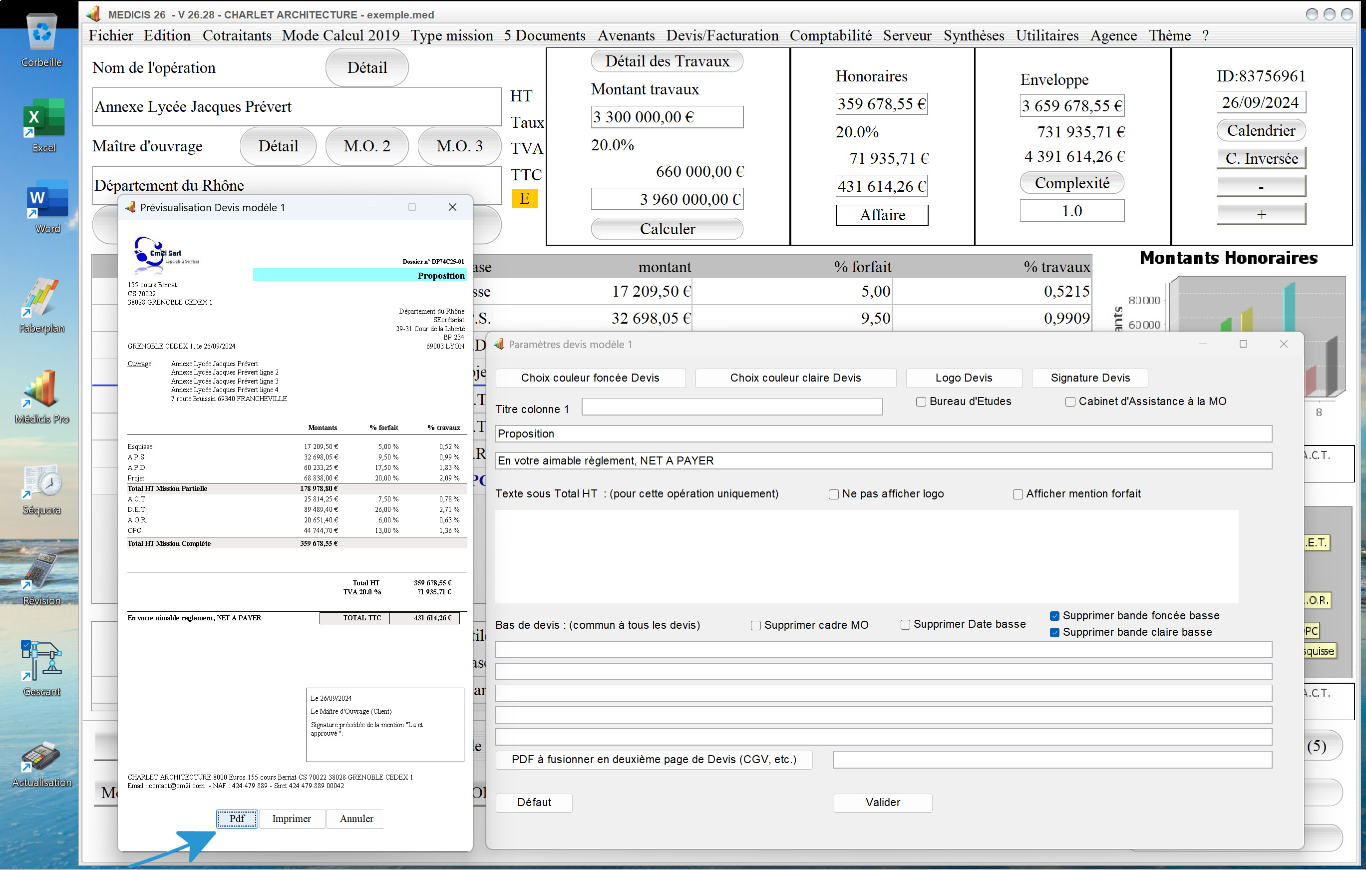 nouvelle numérotation automatique pdf modèle 1 de devis du logiciel de proposition d'honoraires Architecte Médicis Mac et PC v26.28