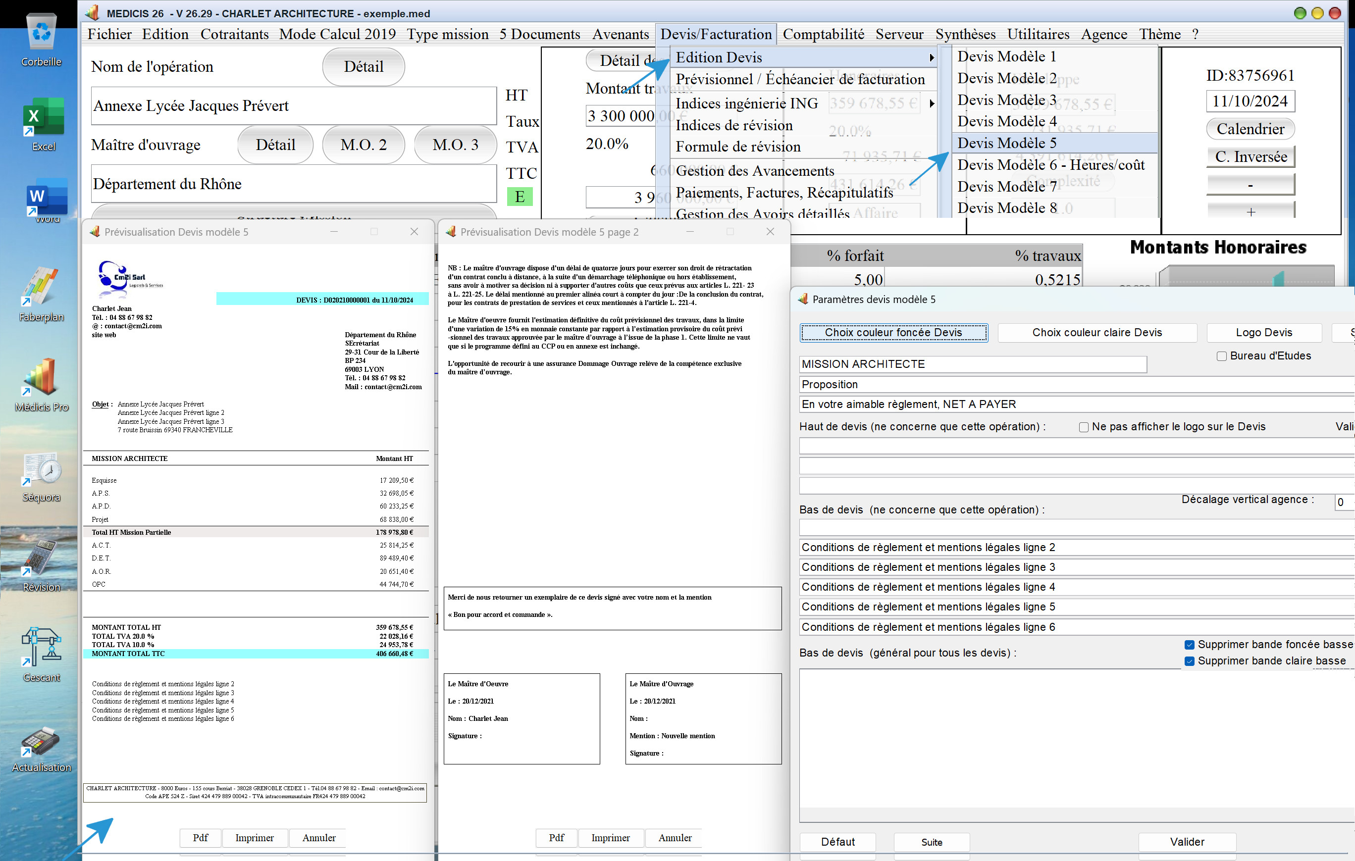 amélioration du modèle 9 de devis du logiciel de proposition d'honoraires Architecte Médicis Mac et PC v26.29