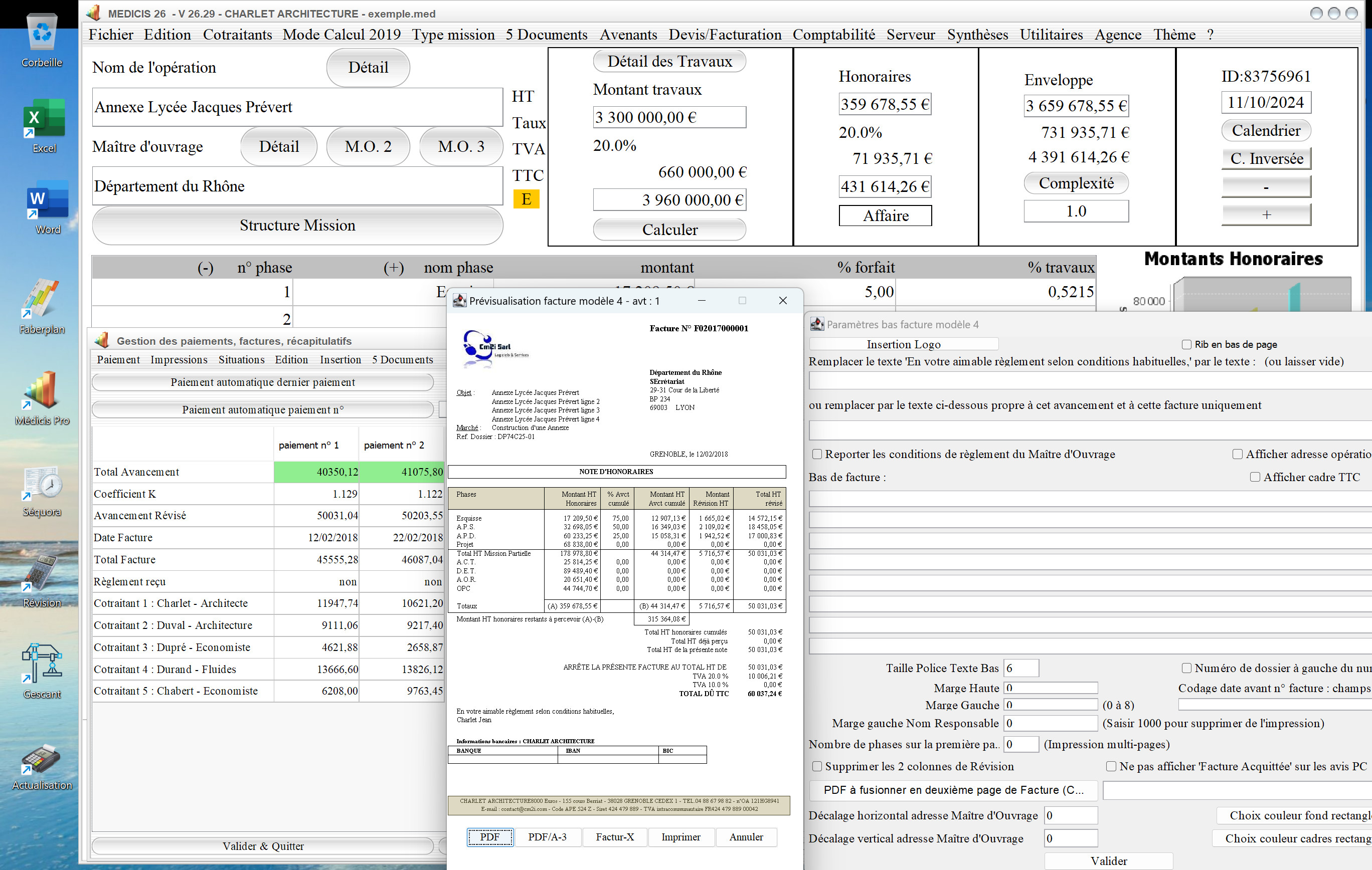 amélioration du PDF automatique du modèle 4 de facture du logiciel de facturation d'honoraires Architecte Médicis Mac et PC v26.29