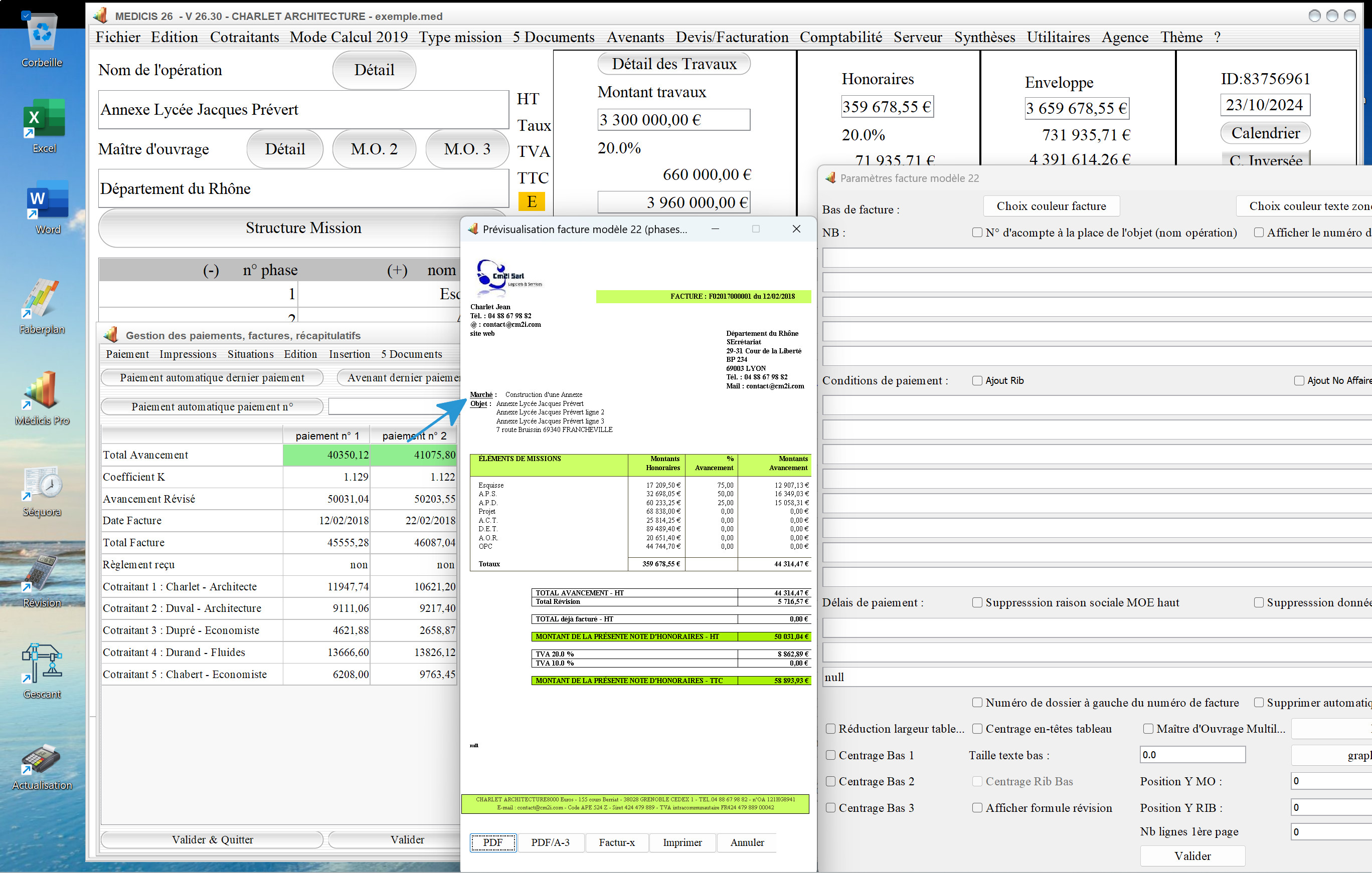 nouvelle affichage automatique du marché ou commande sur modèle 22 de facture logiciel de facturation d'honoraires Architecte Médicis Mac et PC v26.30