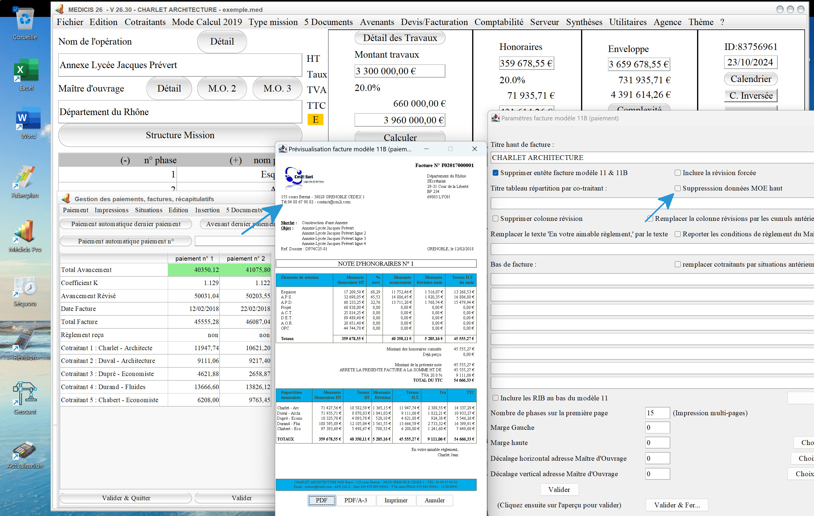 nouvelle gestion des données de maîtrise d'oeuvre du modèle 11 B de facture du logiciel de facturation d'honoraires Architecte Médicis Mac et PC v26.30