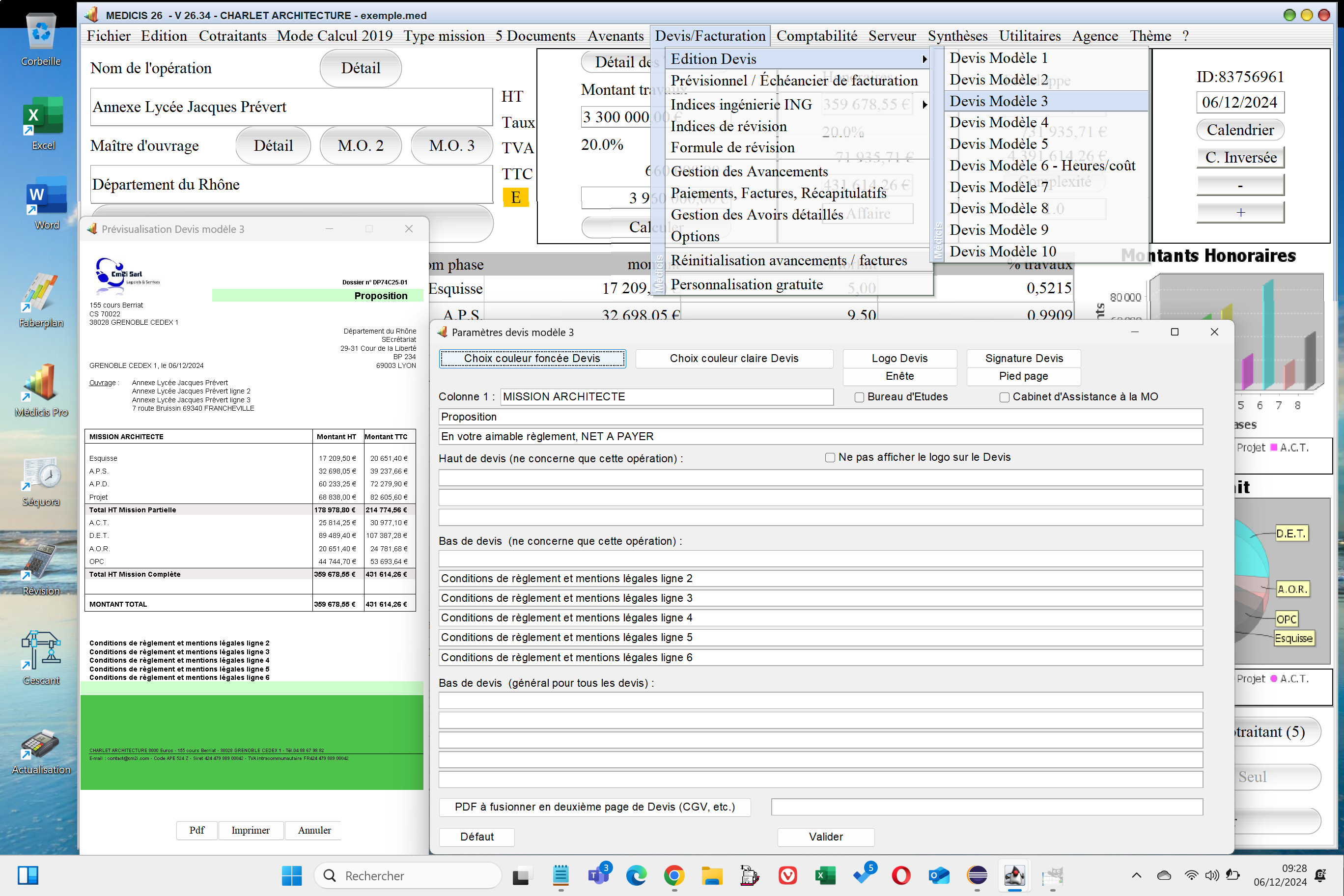 nouvelle gestion des entêtes et pieds de page du logiciel de proposition d'honoraires Architecte Médicis Mac et PC v26.34