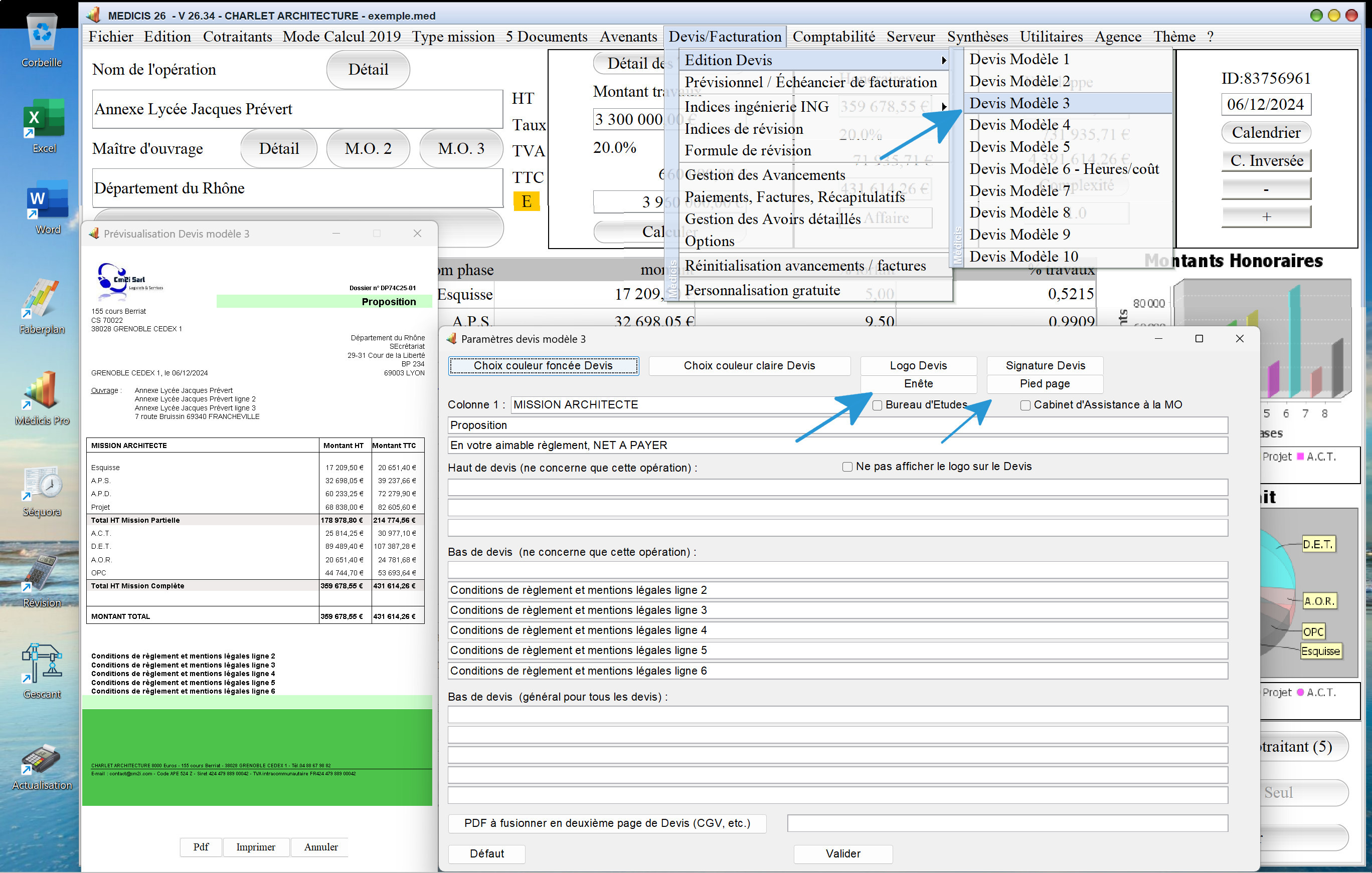 nouvelle gestion entête pied de page modèle 3 de proposition logiciel proposition d honoraires Architecte Médicis Mac et PC v26.34
