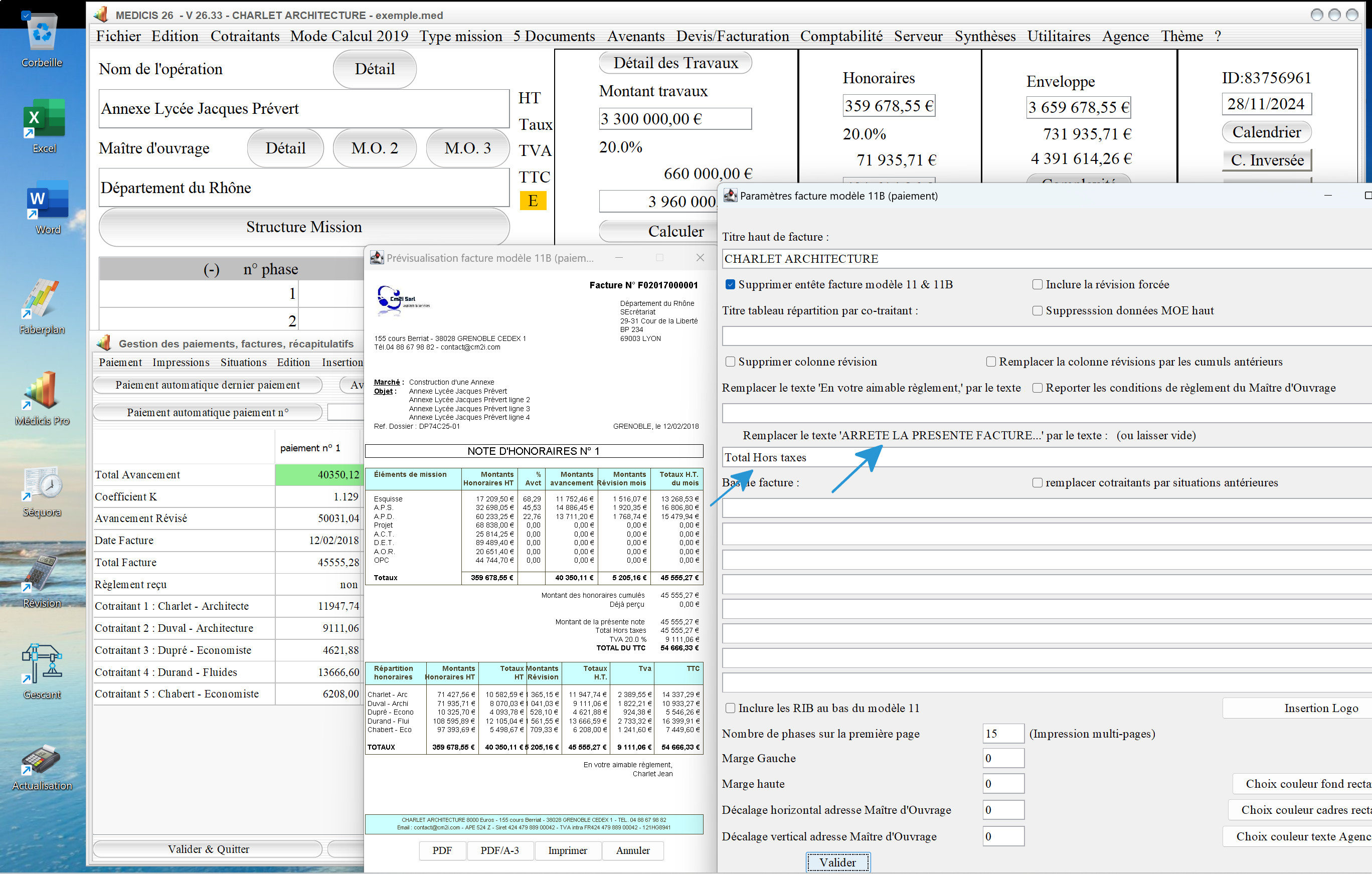 nouvelle possibilité modification libellé total ht modèle 11 B de facture du logiciel facturation d'honoraires maîtrise d'oeuvre Médicis Mac et PC v26.33