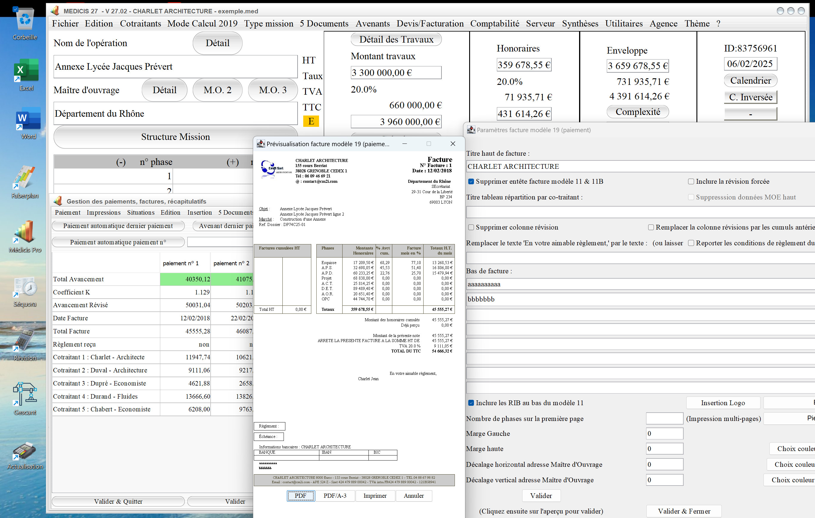 nouvelle gestion marge gauche et RIB logiciel facturation modèle 19 facture d'honoraires Architecte Médicis Mac et PC v27.02