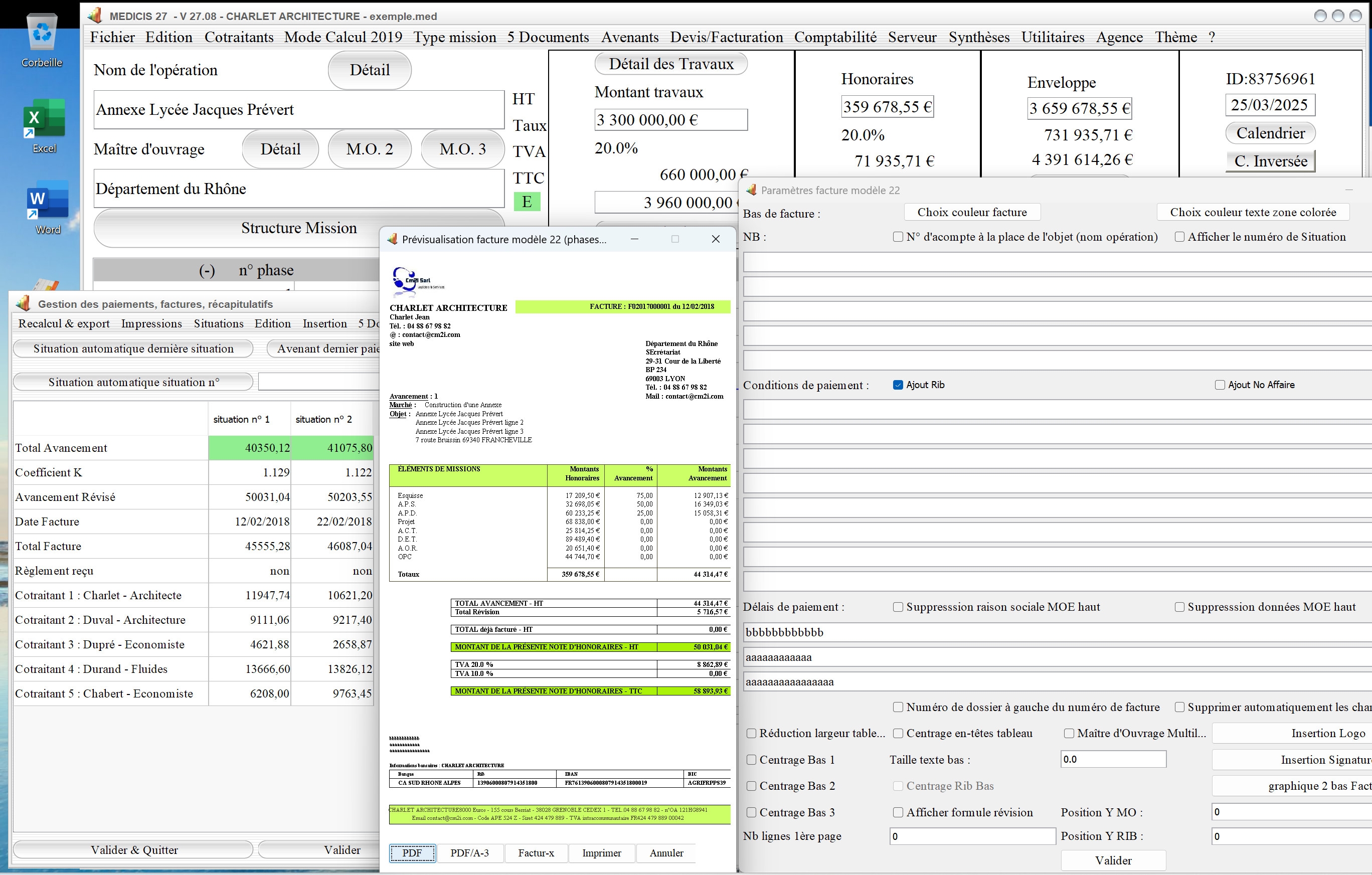 Capture du logiciel Médicis Mac et PC version 27.08 illustrant l’amélioration de la gestion du bandeau supérieur dans le modèle 22 des factures pour la maîtrise d’œuvre