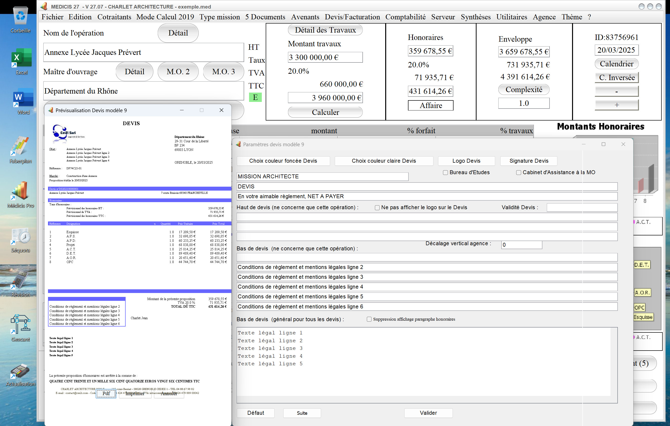 Capture du logiciel Médicis Mac et PC version 27.07 illustrant l’amélioration de la gestion des couleurs dans le modèle 9 des devis pour la maîtrise d’œuvre
