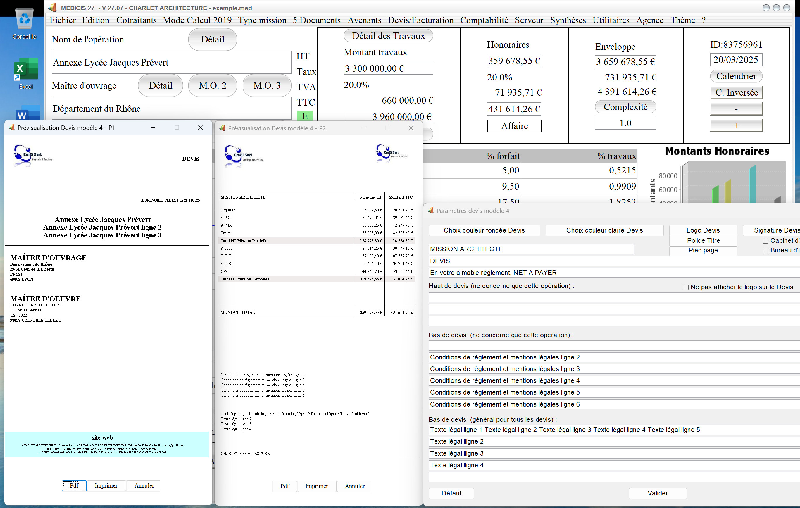 Capture du logiciel Médicis Mac et PC version 27.07 montrant l’amélioration de l’insertion de la signature et du pied de page dans le modèle 4 des devis pour la maîtrise d’œuvre