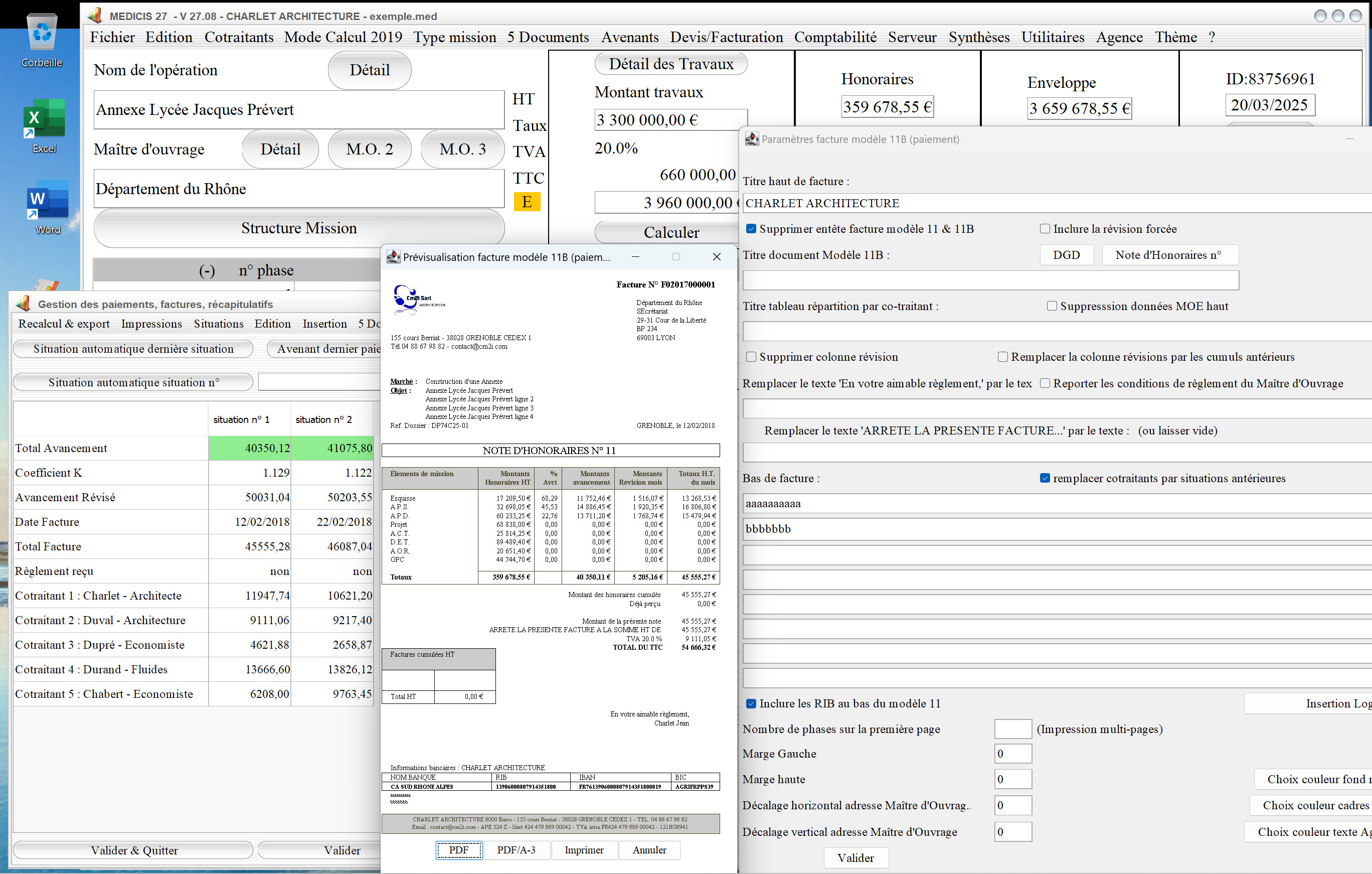 Capture du logiciel Médicis Mac et PC version 27.08 montrant l’amélioration de la présentation du RIB dans le modèle 11B des factures pour la maîtrise d’œuvre