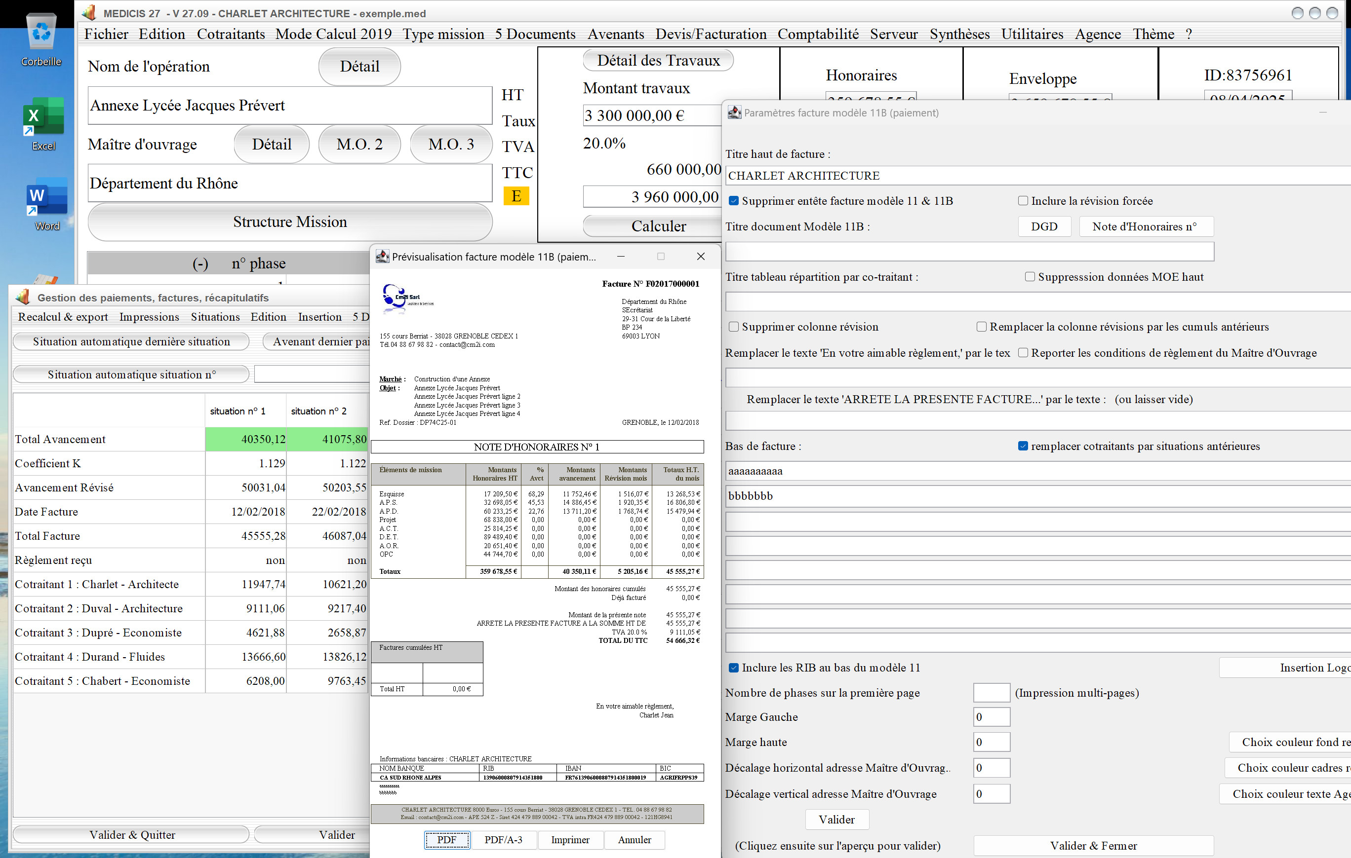 Capture du logiciel Médicis Mac et PC version 27.09 montrant l’amélioration de la présentation de la partie basse dans le modèle 11B des factures pour la maîtrise d’œuvre
