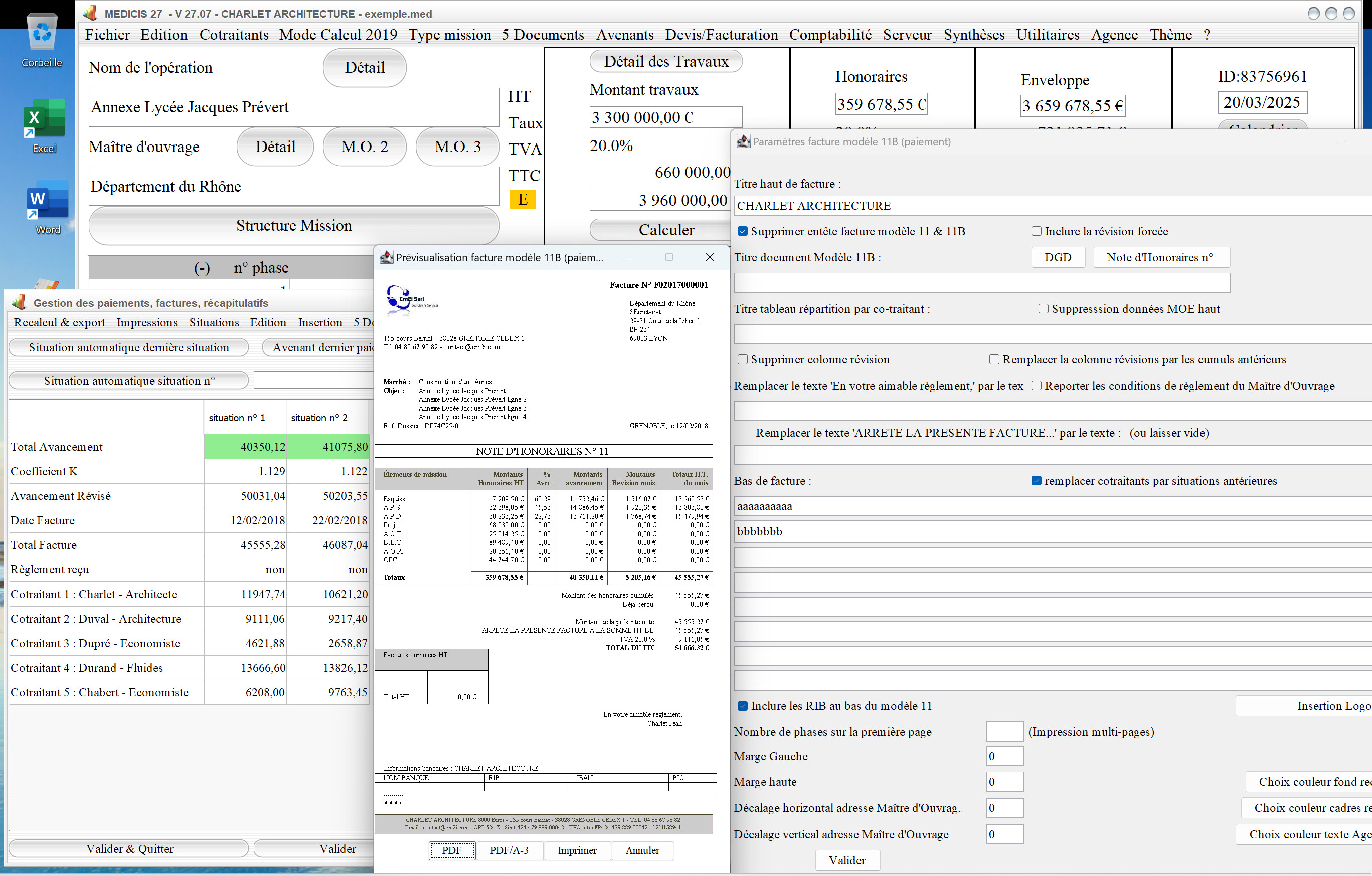 Capture du logiciel Médicis Mac et PC version 27.07 illustrant l’amélioration du tableau des situations antérieures dans le modèle 11B des factures pour la maîtrise d’œuvre