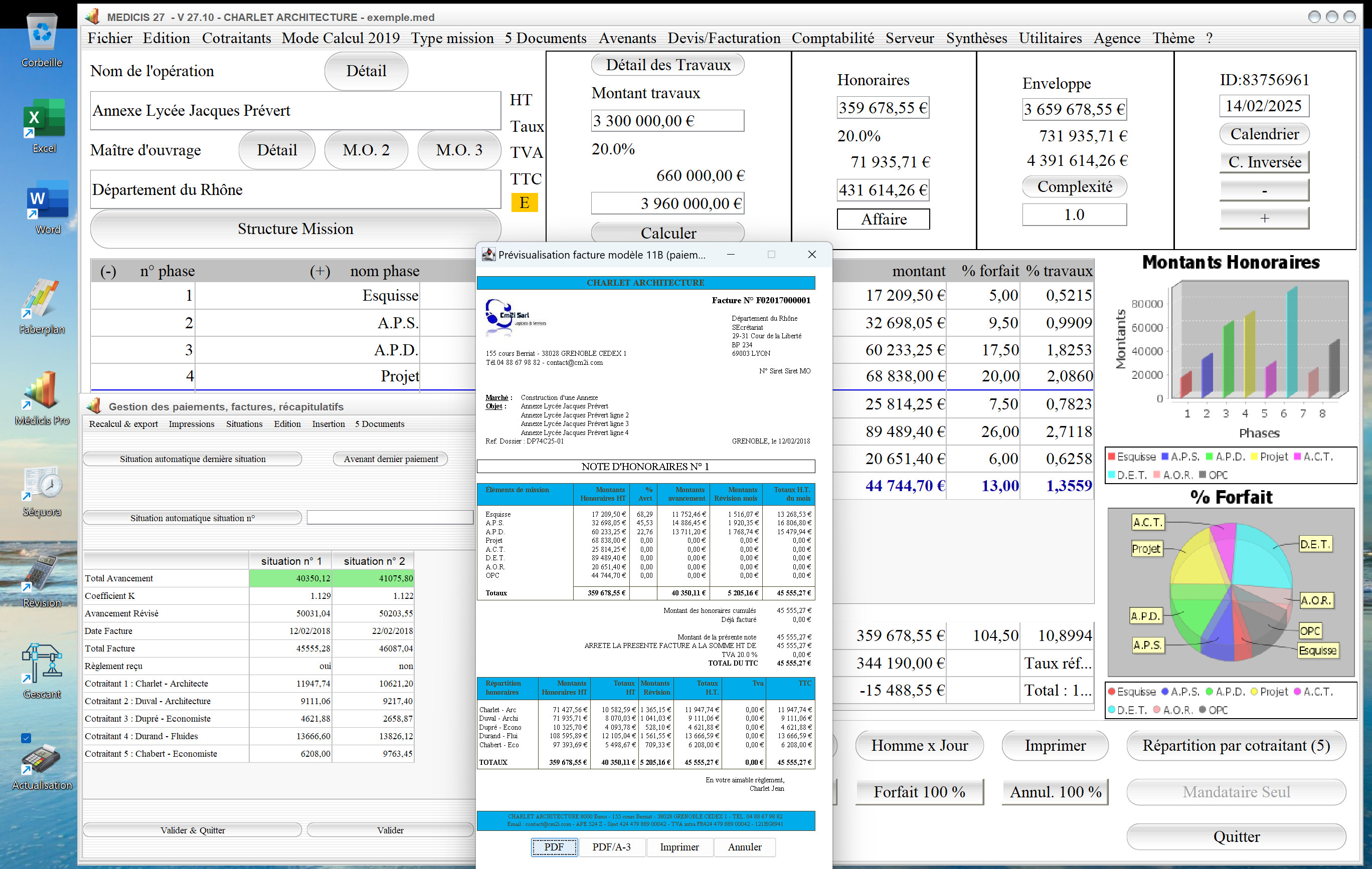 Capture du logiciel Médicis Mac et PC version 27.10 présentant le modèle 11B de facture pour la facturation d’honoraires Architectes