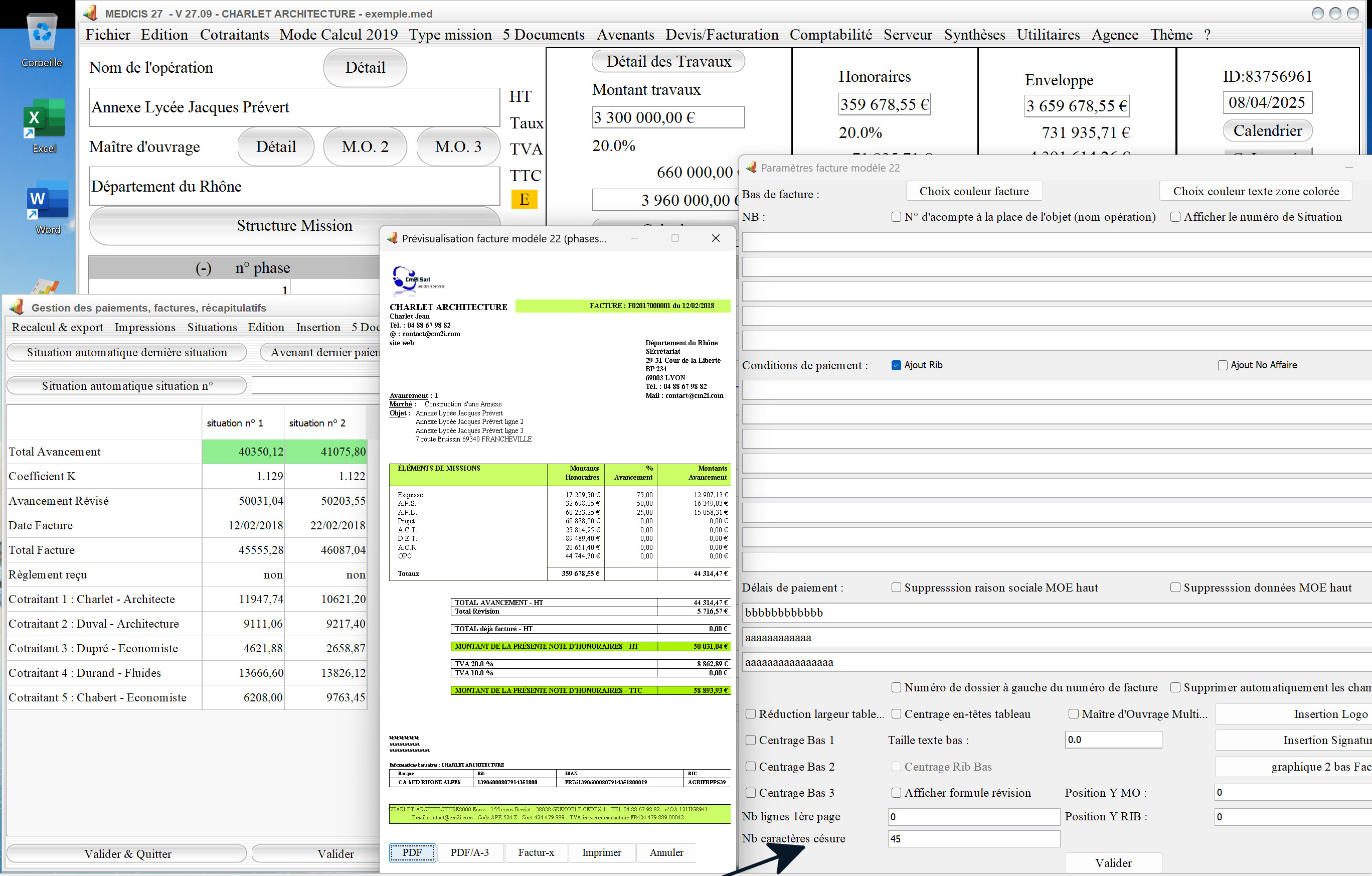 Capture du logiciel Médicis Mac et PC version 27.09 illustrant la nouvelle gestion du nombre de caractères avant césure dans le modèle 22 des factures pour la maîtrise d’œuvre