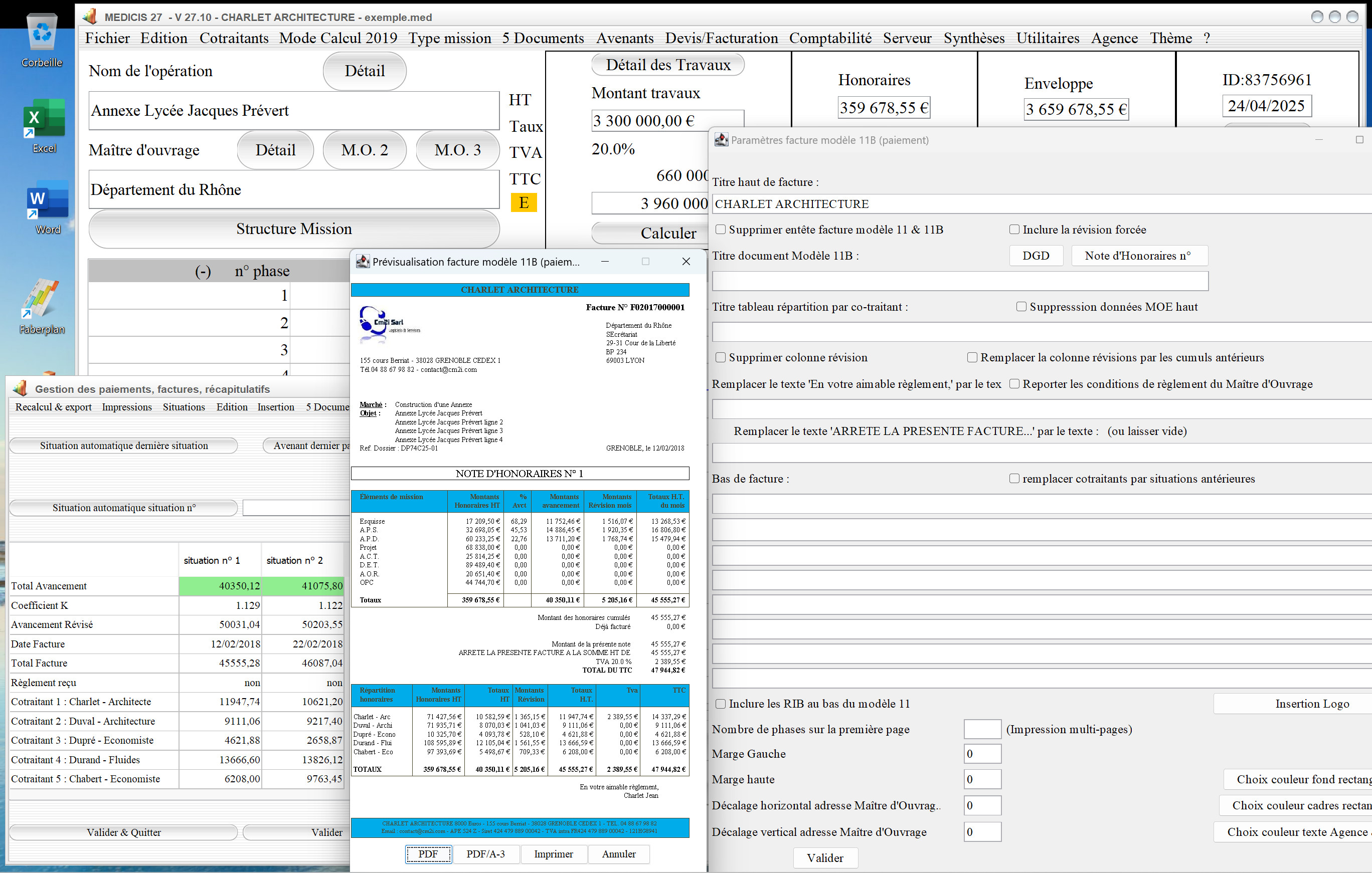 Capture du logiciel Médicis Mac et PC version 27.10 illustrant la nouvelle gestion de la couleur du bandeau haut dans le modèle 11B des factures pour les Architectes