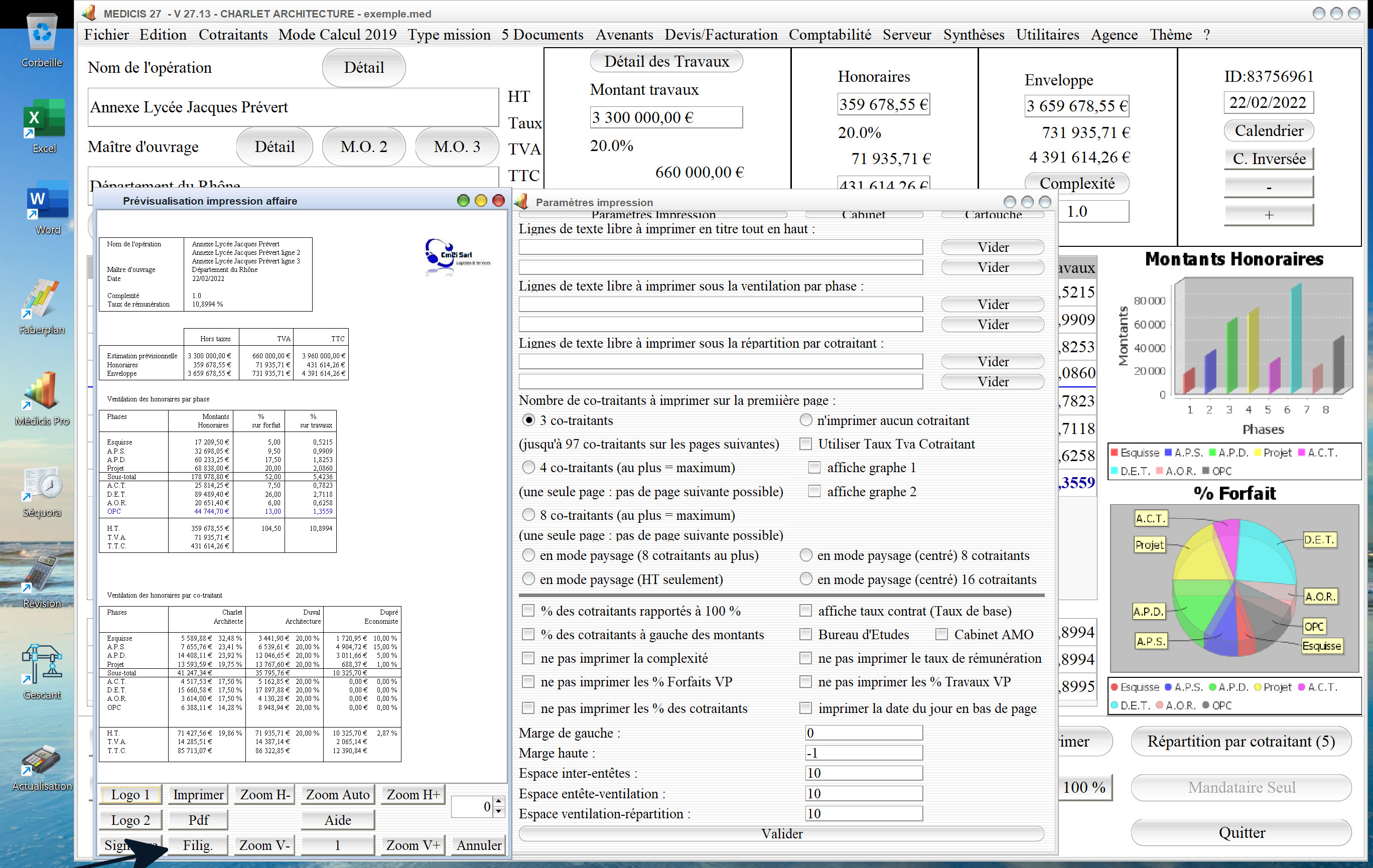 Capture du logiciel Médicis Mac et PC version 27.13 illustrant le nouveau bouton Filigrane pour les propositions d’honoraires en maîtrise d’œuvre