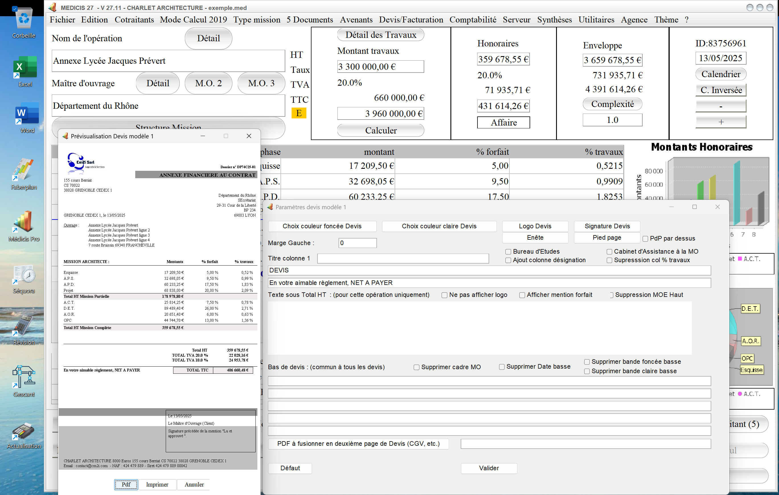 Capture du logiciel Médicis Mac et PC version 27.11 montrant la nouvelle gestion de la multi-TVA dans le modèle 1 des devis pour la maîtrise d’œuvre