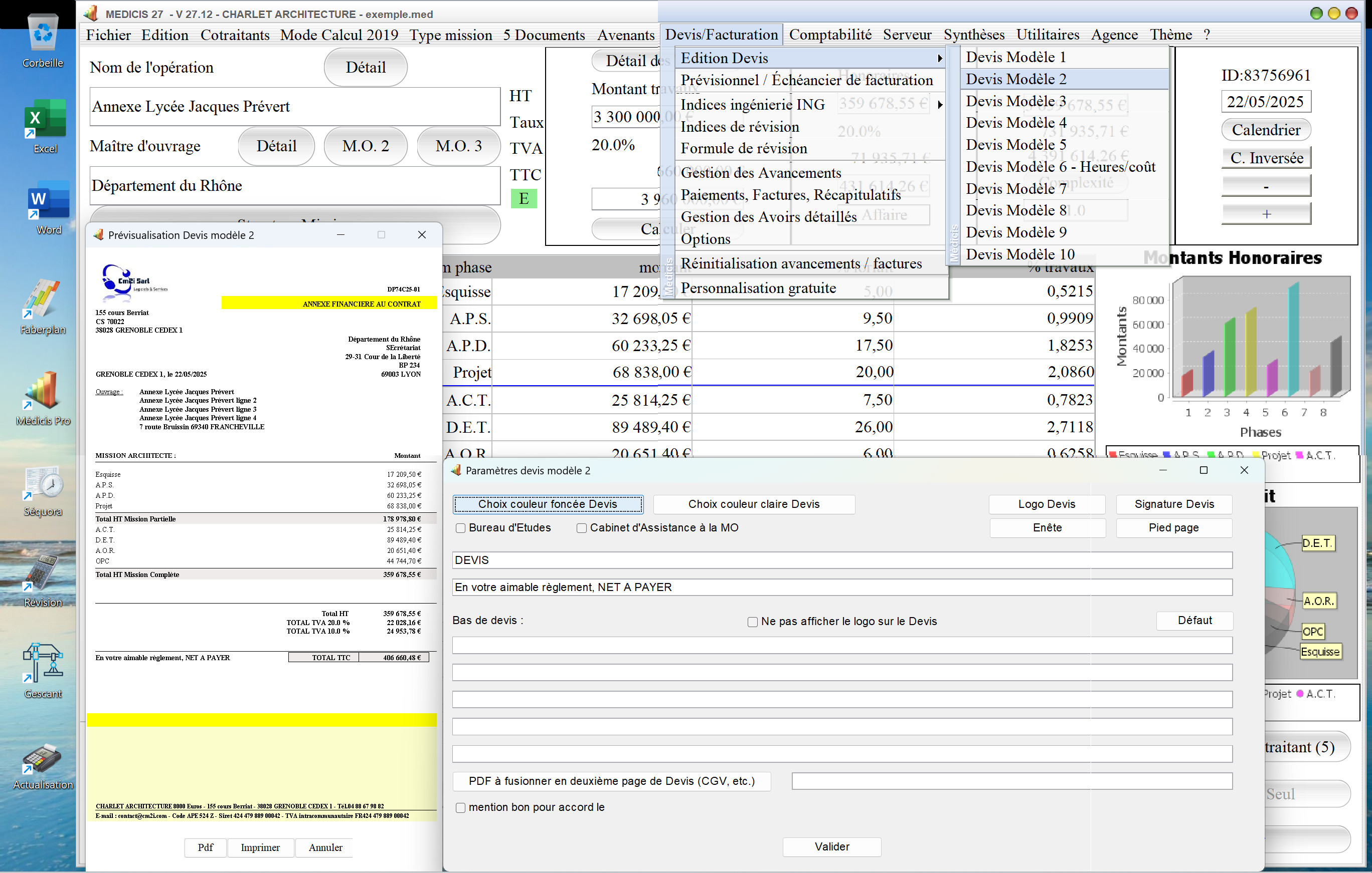 Capture du logiciel Médicis Mac et PC version 27.12 montrant la nouvelle gestion de la multi-TVA dans le modèle 2 des devis pour la maîtrise d’œuvre