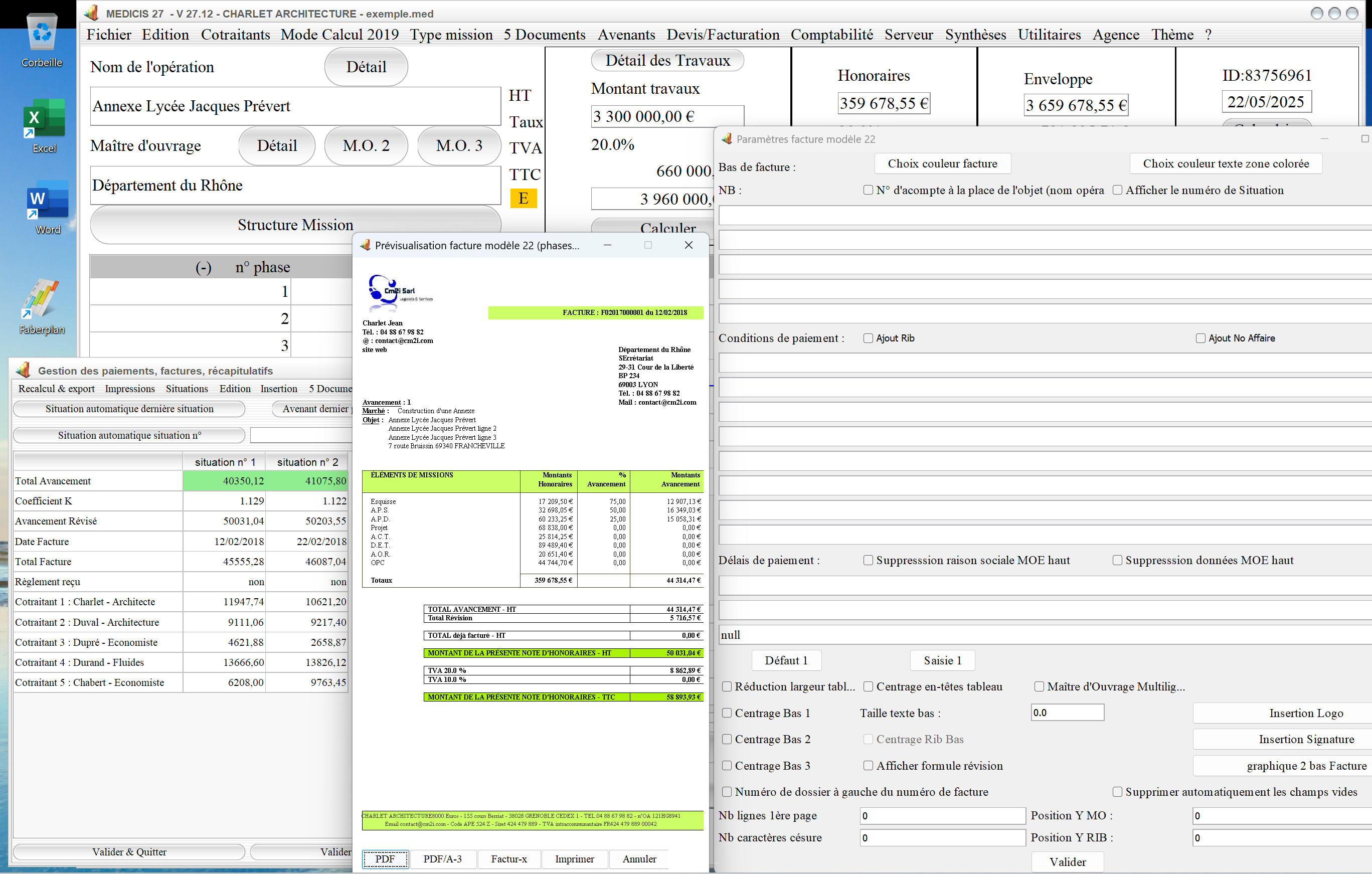 Capture du logiciel Médicis Mac et PC version 27.12 illustrant la nouvelle numérotation automatique des PDF dans le modèle 22 des factures pour la maîtrise d’œuvre