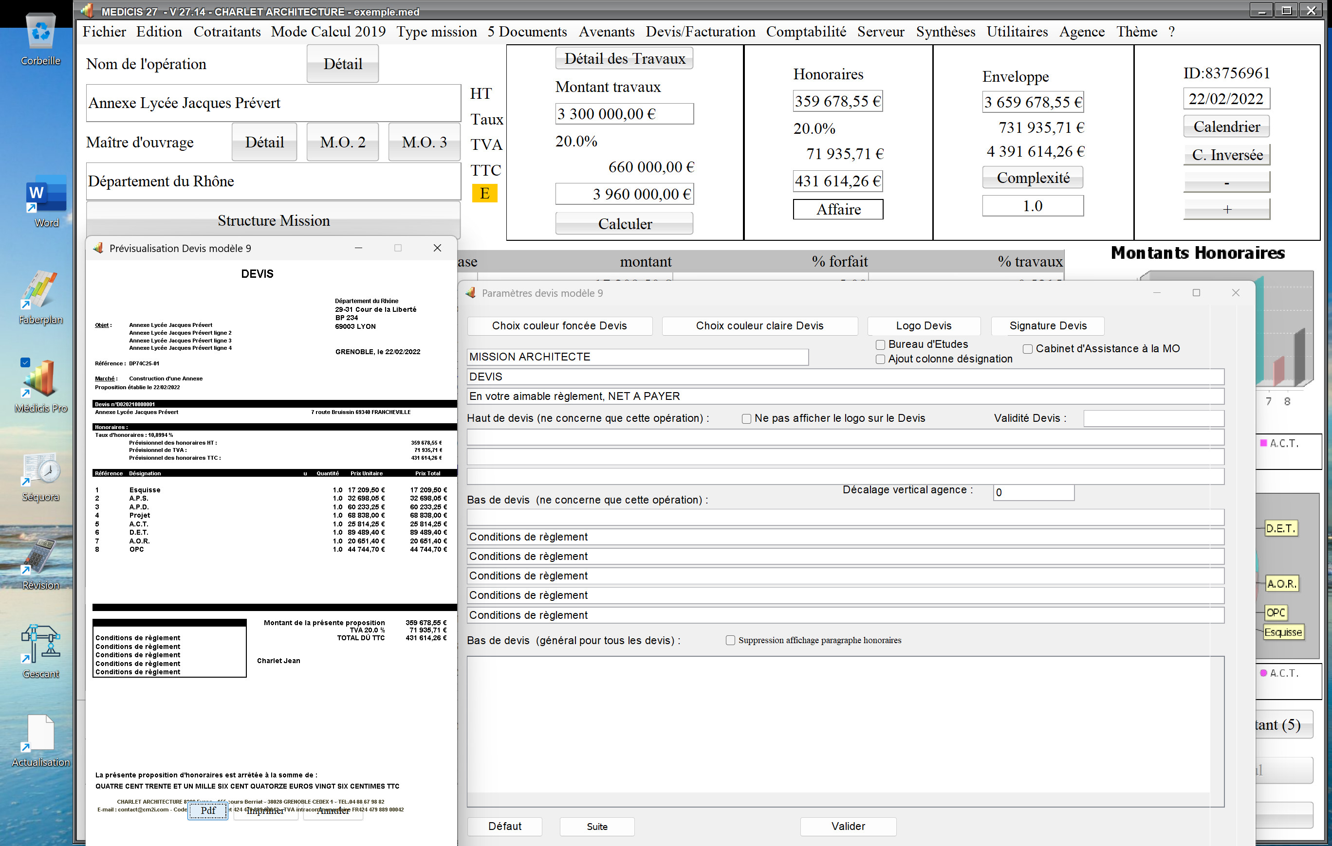 Capture du logiciel Médicis Mac et PC version 27.14 illustrant les améliorations de la gestion des descriptions dans le modèle 9 des devis pour la maîtrise d’œuvre