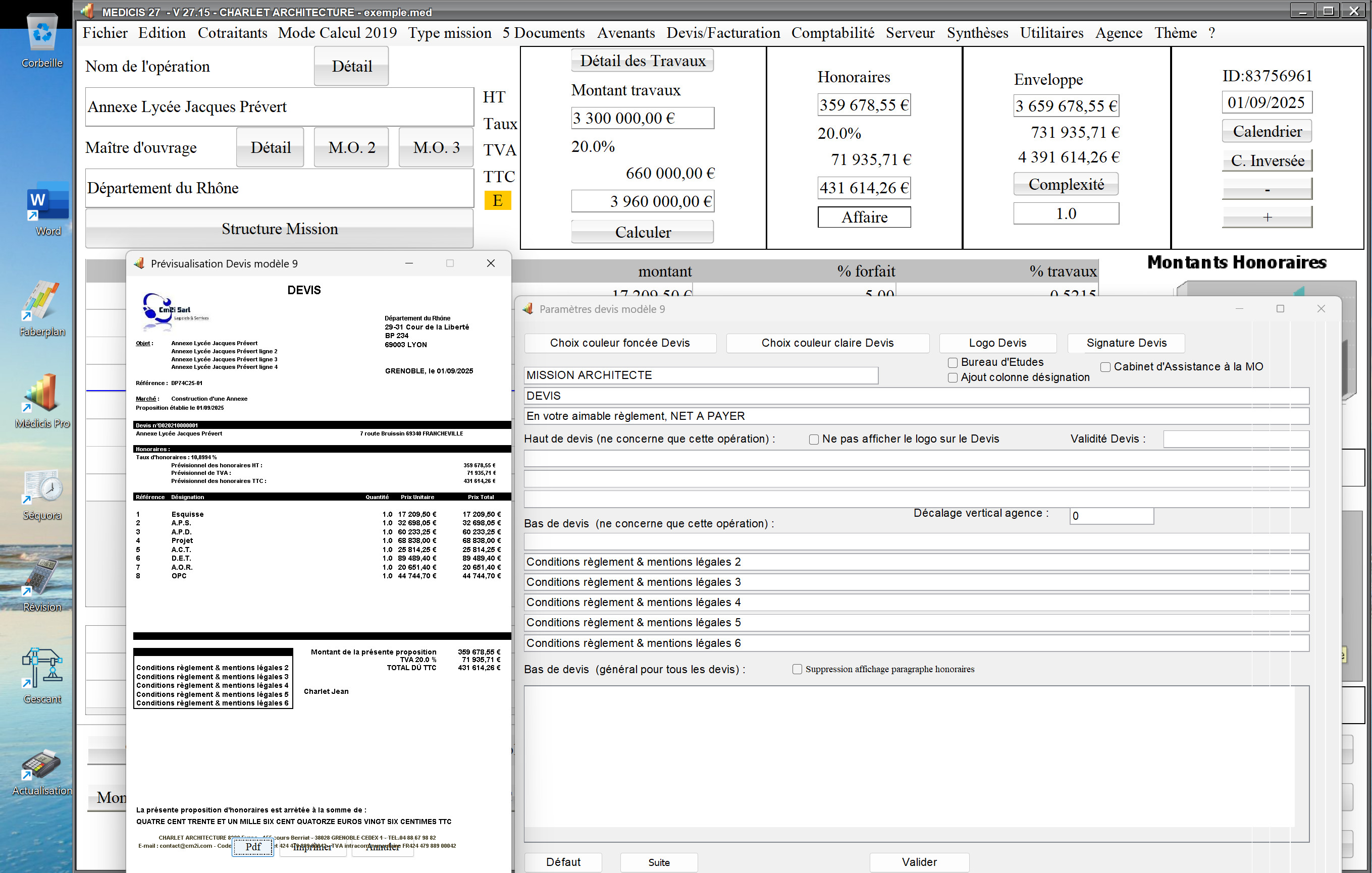 Capture du logiciel Médicis Mac et PC version 27.15 montrant les améliorations de la gestion des colonnes dans le modèle 9 des devis pour la maîtrise d’œuvre