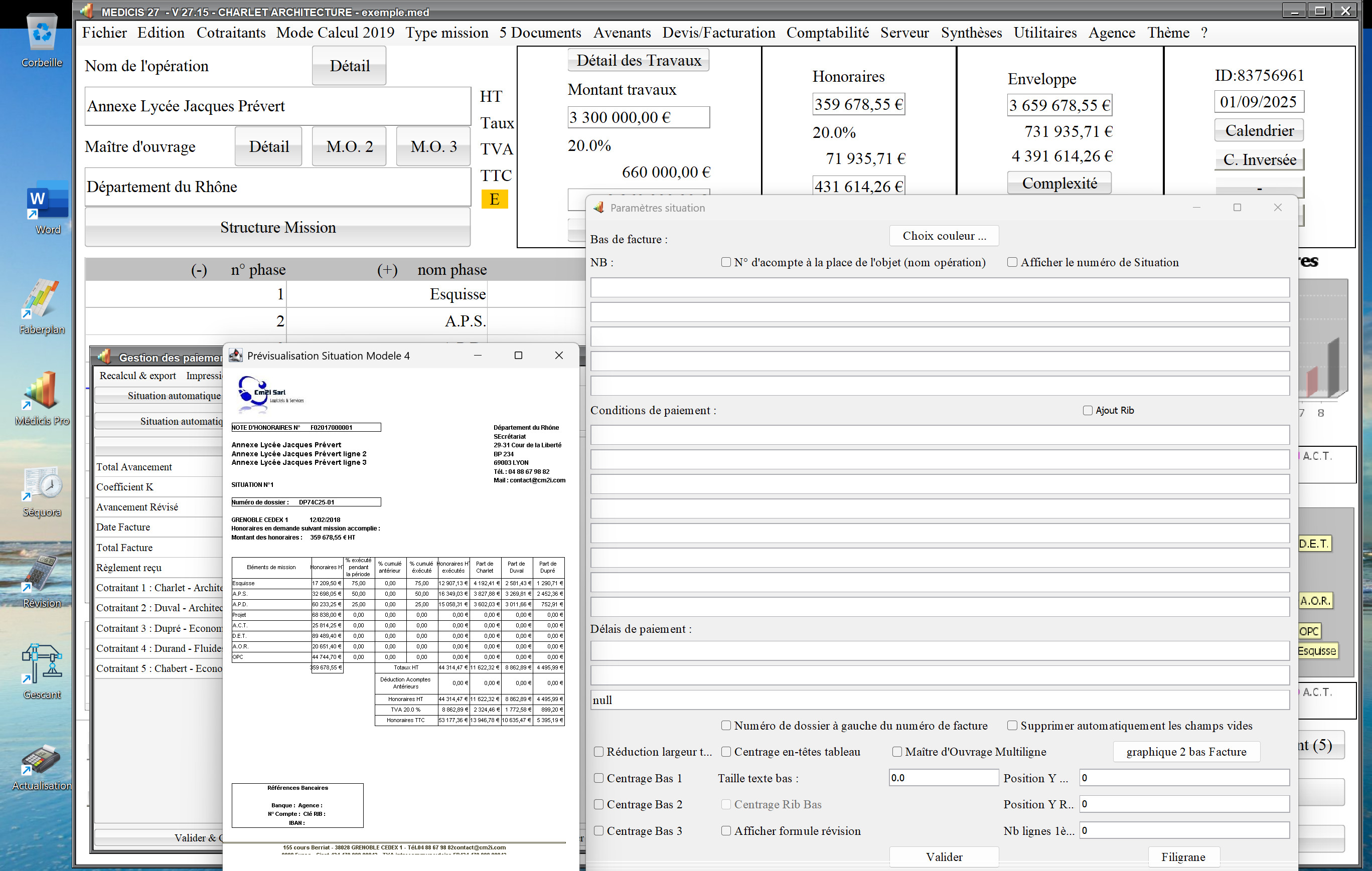 Capture du logiciel Médicis Mac et PC version 27.15 illustrant les améliorations de la gestion des cotraitants dans le modèle 4 des situations pour la maîtrise d’œuvre