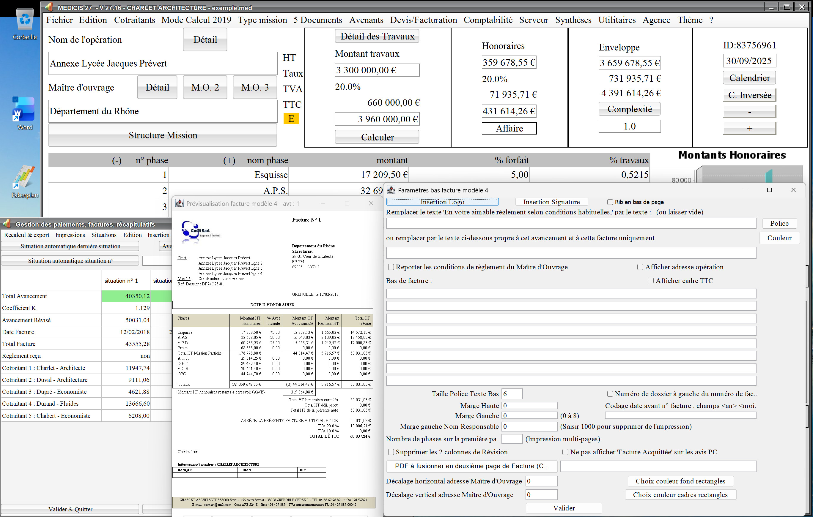 Capture du logiciel Médicis Mac et PC version 27.16 montrant l’amélioration de la partie basse de la facture dans le modèle 4 pour la maîtrise d’œuvre
