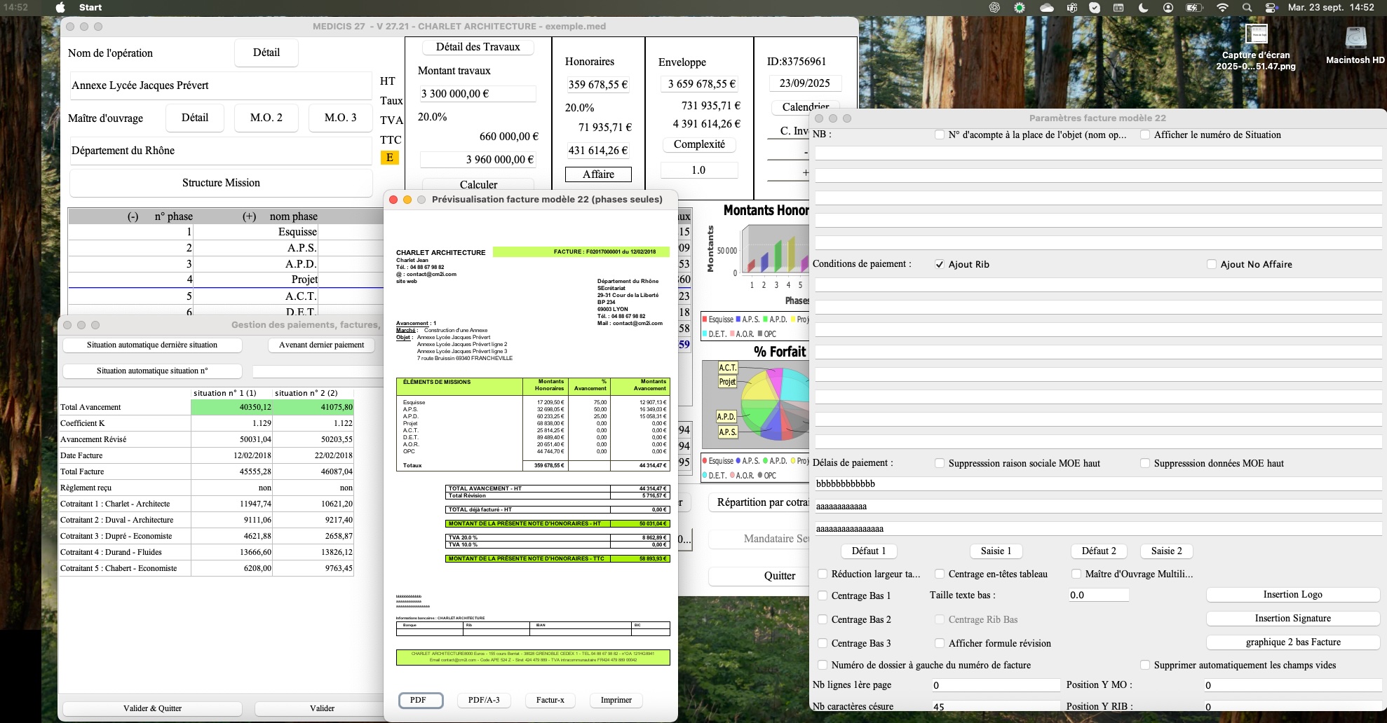 Amélioration de la facture électronique Factur-X avec le modèle 22 de facture de maîtrise d’œuvre dans le logiciel Médicis sur Mac et PC