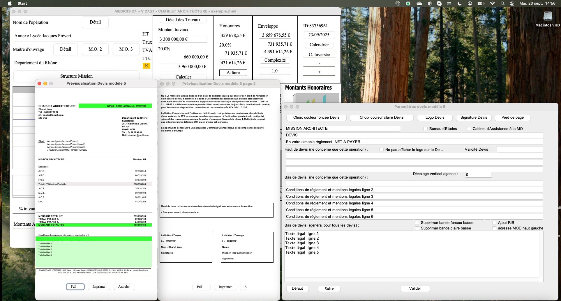 Nouveau modèle 5 multi-page de devis et proposition d’honoraires pour architecte dans le logiciel Médicis sur Mac et PC