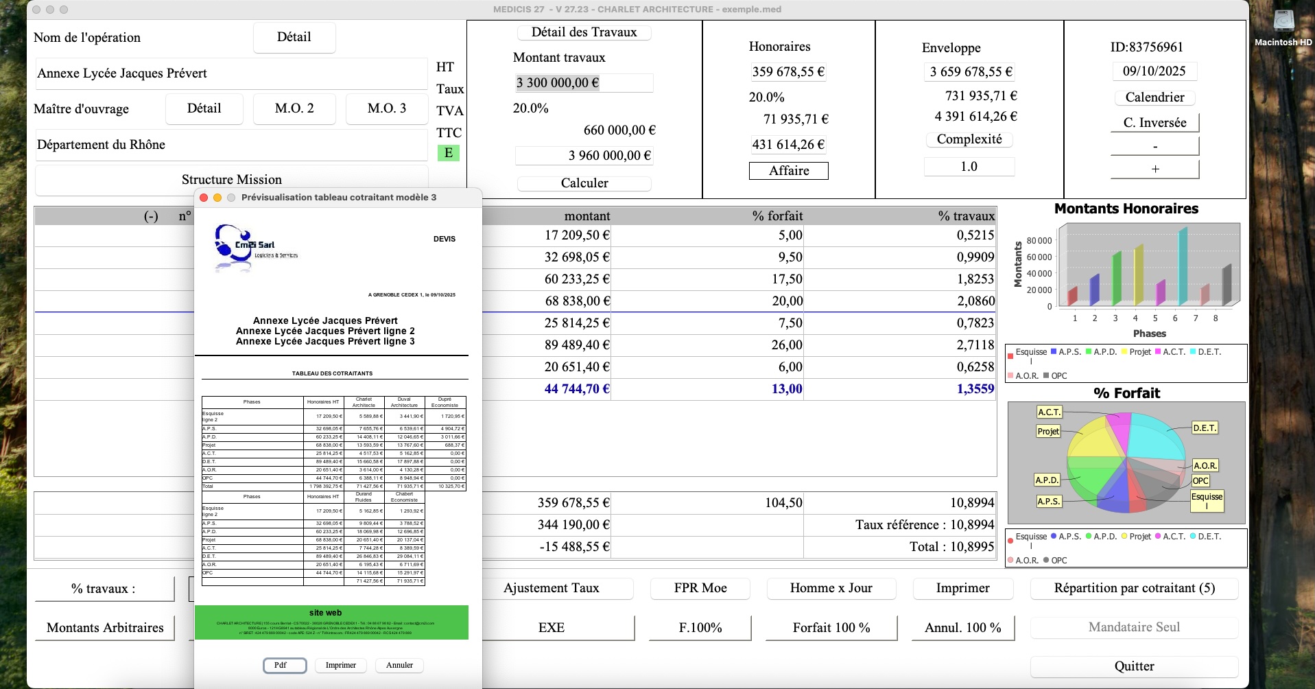 Amélioration du modèle 4 avec tableau des cotraitants dans le logiciel de proposition de maîtrise d’œuvre Médicis sur Mac et PC
