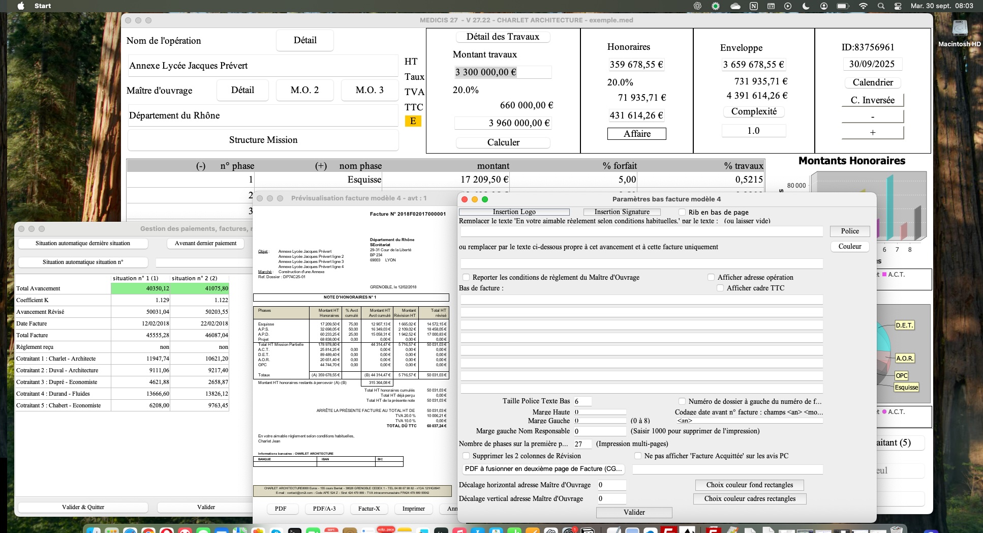 Amélioration de la gestion multi-page et multi-ligne du modèle 4 de facture dans le logiciel de facturation des honoraires de maîtrise d’œuvre Médicis sur Mac et PC