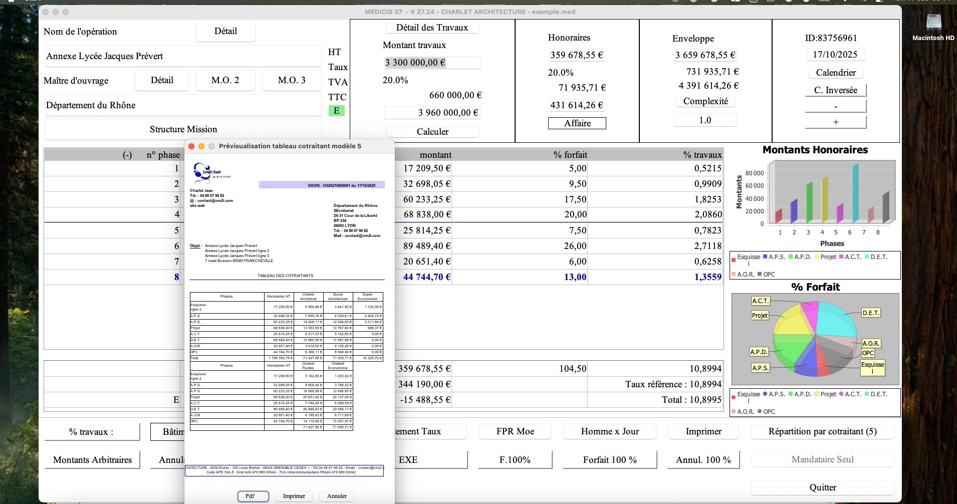 Capture d'écran du nouveau modèle 5 avec tableau cotraitant dans le logiciel de proposition d'honoraires de maîtrise d'œuvre Médicis, version 2724, destiné aux architectes, bureaux d'études et professionnels de la maîtrise d'œuvre