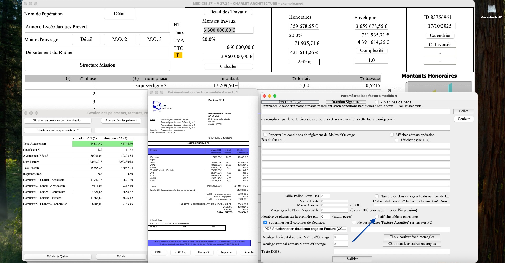 Capture d'écran du nouveau tableau cotraitant sur le modèle 4 de facture dans le logiciel de facturation d'honoraires de maîtrise d'œuvre Médicis pour Mac et PC, version 2724, destiné aux architectes, bureaux d'études et professionnels de la maîtrise d'œuvre