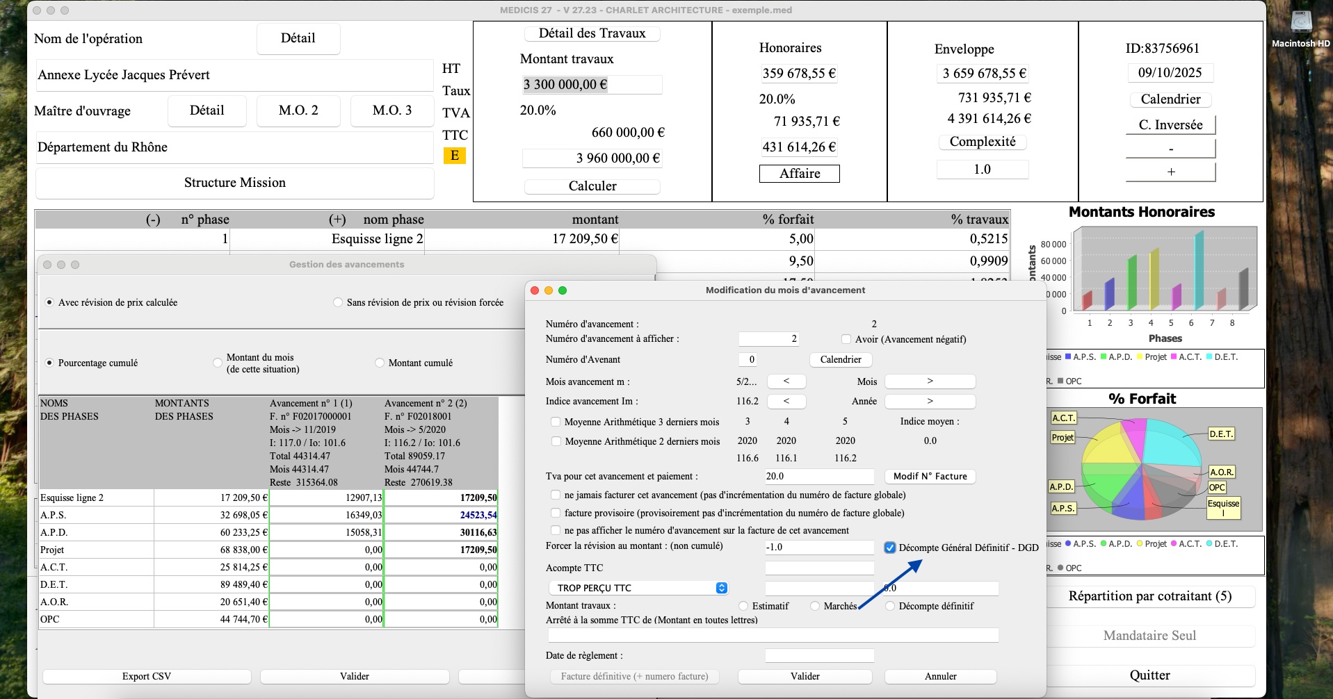 Nouvelle gestion du décompte général définitif DGD avec les avancements sur travaux dans le logiciel de facturation des honoraires de maîtrise d’œuvre Médicis sur Mac et PC