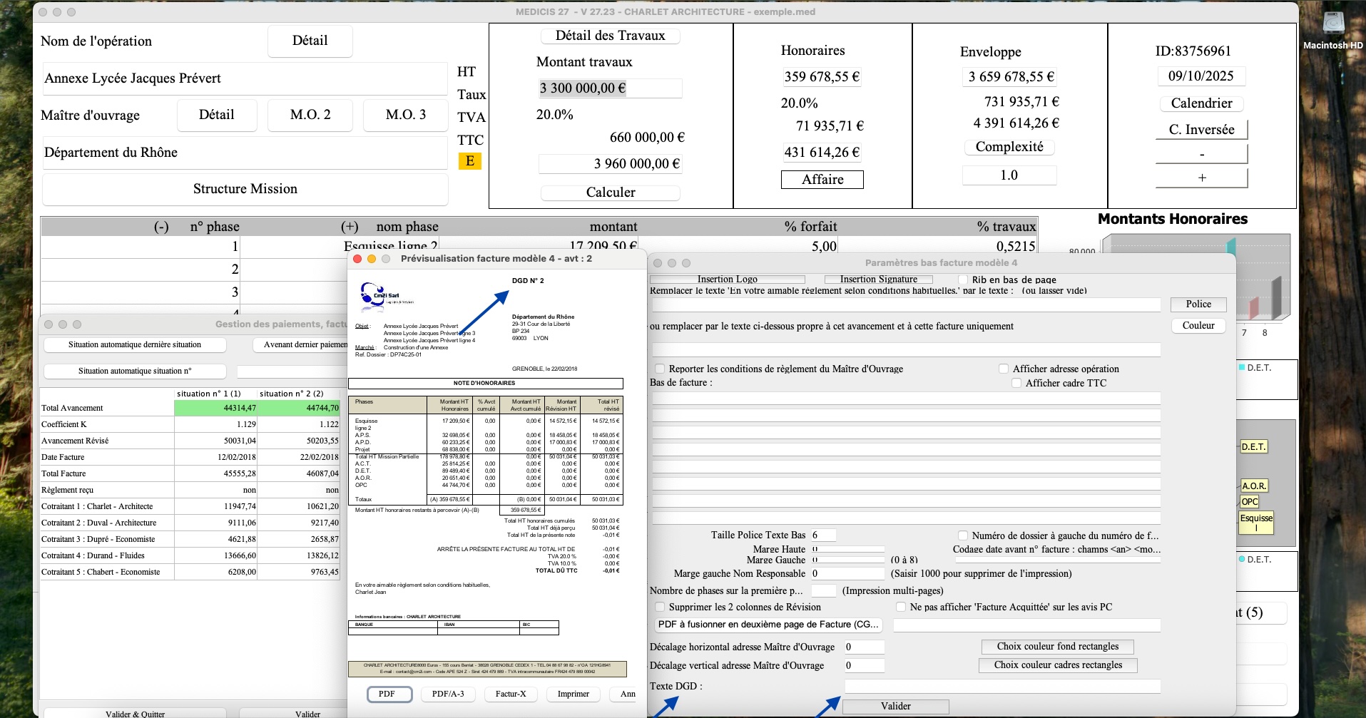 Nouvelle gestion du décompte général définitif DGD avec le modèle 4 de facture dans le logiciel de facturation des honoraires de maîtrise d’œuvre Médicis sur Mac et PC