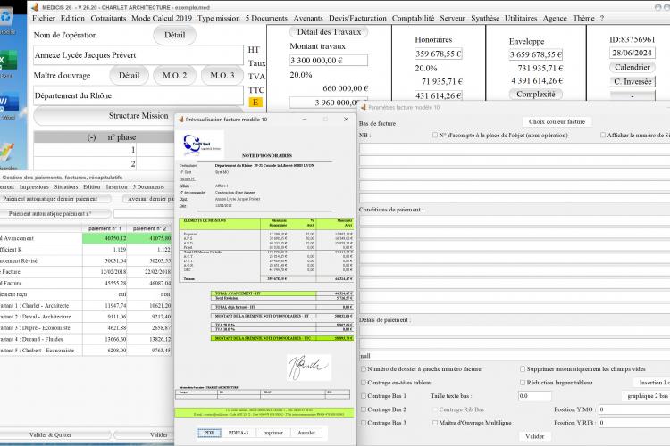 amélioration du modèle 10 de facture siret sous-totaux du logiciel de facturation d'honoraires Architecte Médicis Mac et PC v26.20