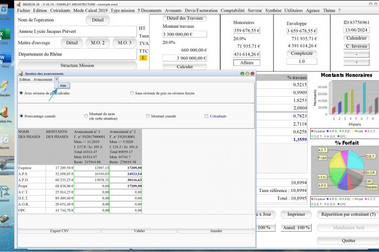 nouvelle aide à la gestion des avancements du logiciel de facturation d'honoraires Architecte Médicis Mac et PC v26.19
