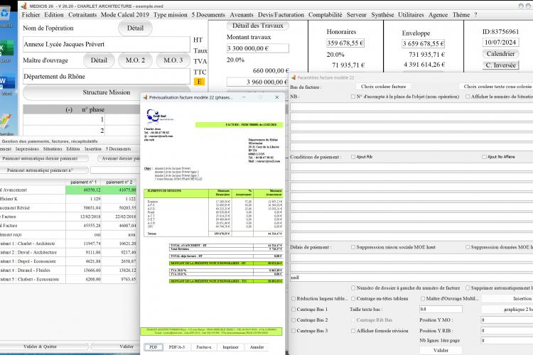modèle 22 de facture du logiciel de facturation des honoraires de maîtrise d'oeuvre Médicis Mac et PC v26.20