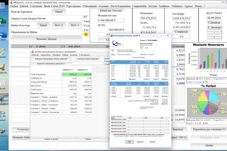 nouveau pdf automatique sur le modèle 5 de facture du logiciel de facturation d'honoraires Architecte Médicis Mac et PC v26.28