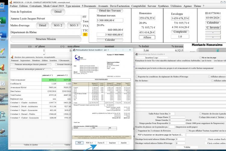 nouvelle numérotation automatique des factures électroniques facture x du modèle 4 de facture logiciel facturation d'honoraires Architecte Médicis Mac et PC v26.26