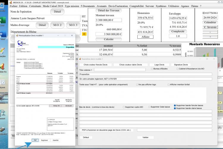nouvelle numérotation automatique pdf modèle 1 de devis du logiciel de proposition d'honoraires Architecte Médicis Mac et PC v26.28