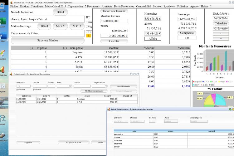 plusieurs nouveaux formatages des prévisionnels du logiciel de proposition d'honoraires Architecte Médicis Mac et PC v26.28