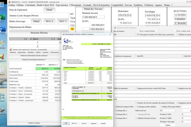 amélioration du mode multipage du modèle 22 de facture du logiciel de facturation d'honoraires Architecte Médicis Mac et PC v26.29