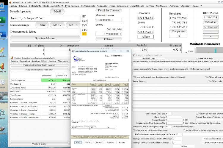 amélioration du PDF automatique du modèle 4 de facture du logiciel de facturation d'honoraires Architecte Médicis Mac et PC v26.29