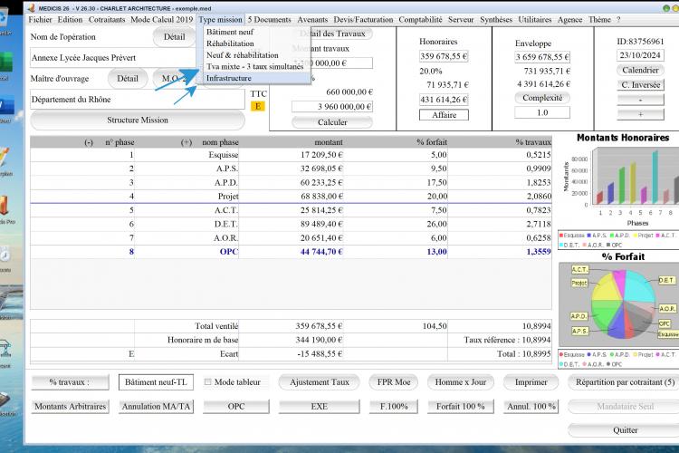 nouveaux sous menus mission 3 taux tva et infrastructure dans le logiciel de proposition d'honoraires Architecte Médicis Mac et PC v26.30