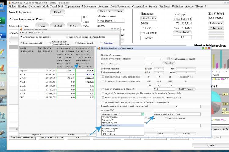nouvelle gestion des intérêts moratoires dans les avancements du logiciel de facturation d'honoraires de maîtrise d'oeuvre Médicis Mac et PC v26.31