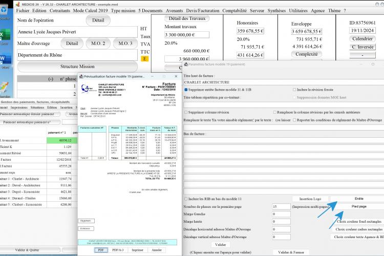 nouvelle gestion des entêtes et pieds de page sur le modèle 19 de facture du logiciel de facturation d'honoraires Architecte Médicis Mac et PC v26.32
